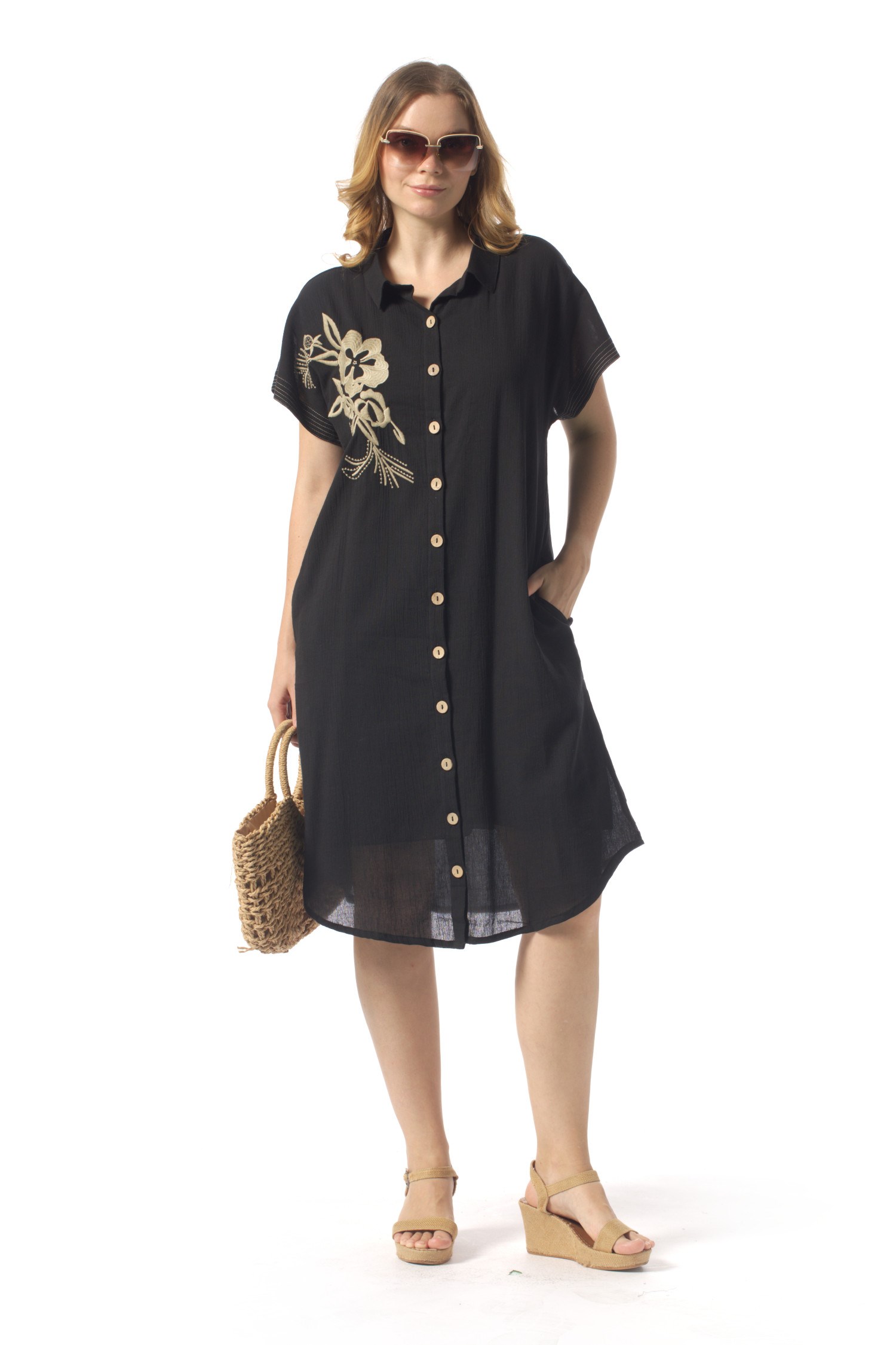 Short Sleeve Mira Embroidered Summer Şile Cloth Shirt Dress Black