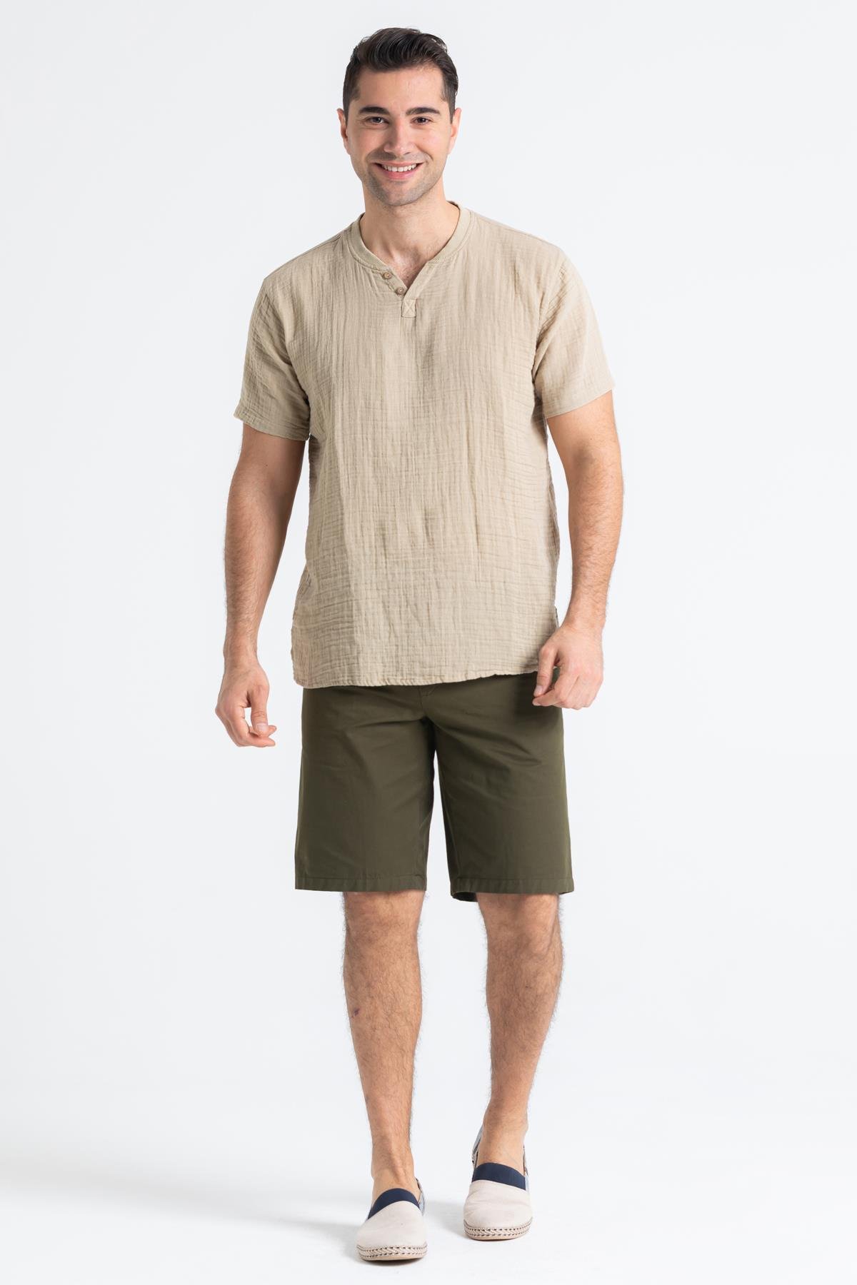 Kısa Kol Müslin Erkek Ribanalı Tshirt Vizon Vzn