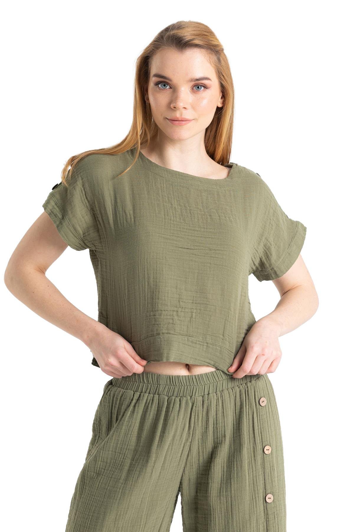 Kısa Kol Müslin İzel Bluz Haki Hk