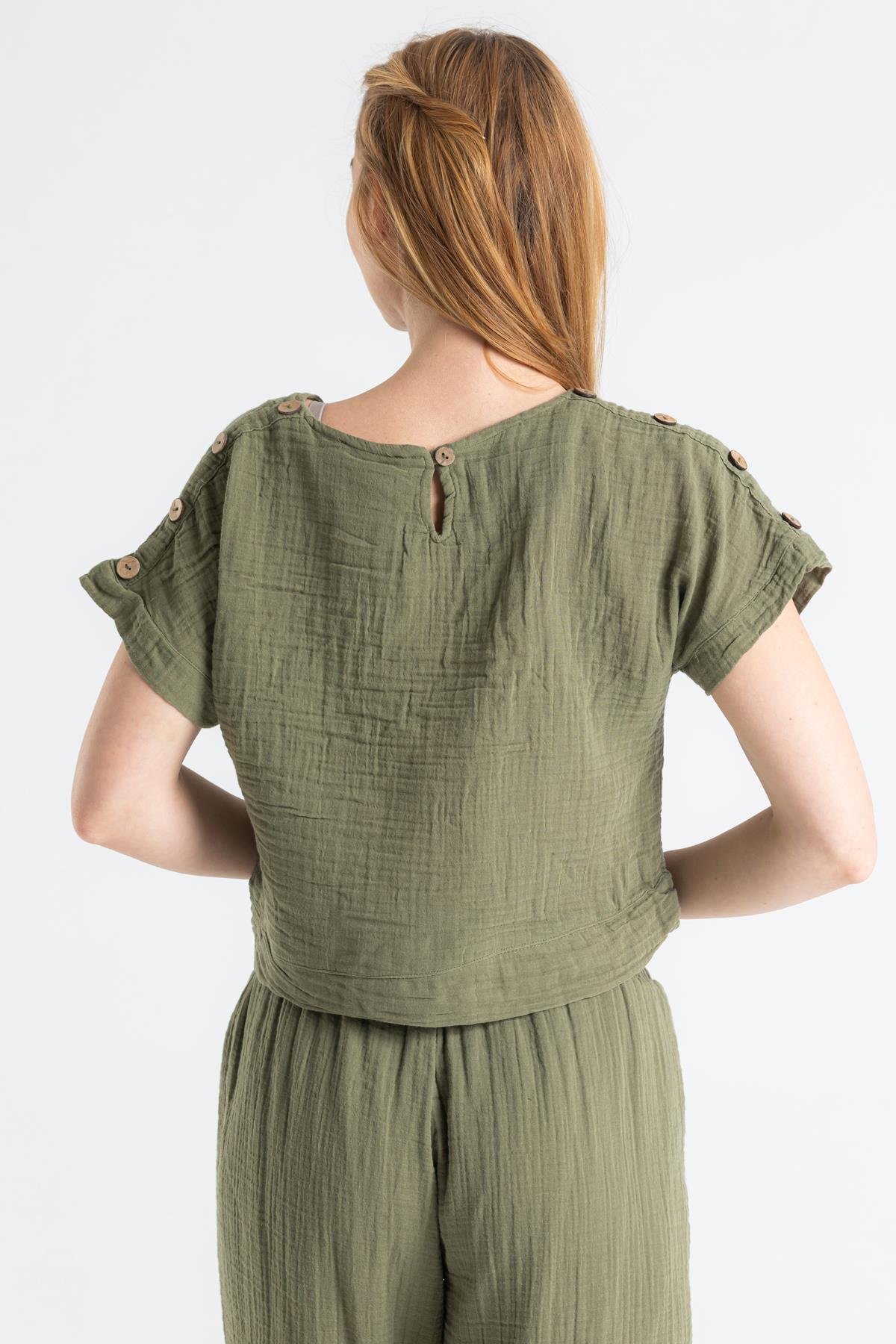 Kısa Kol Müslin İzel Bluz Haki Hk