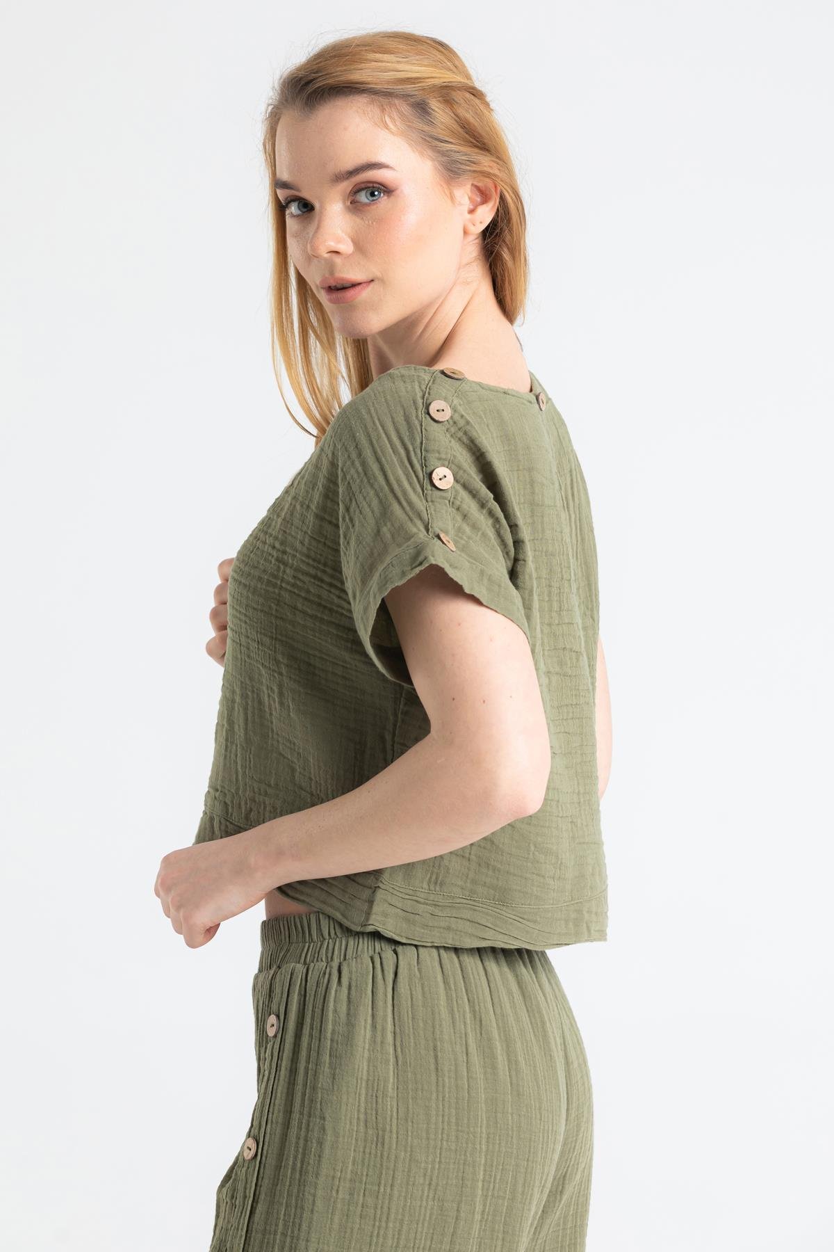Kısa Kol Müslin İzel Bluz Haki Hk