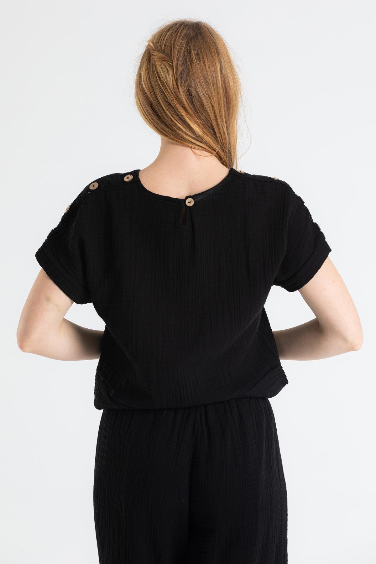 Kısa Kol Müslin İzel Bluz Siyah Syh