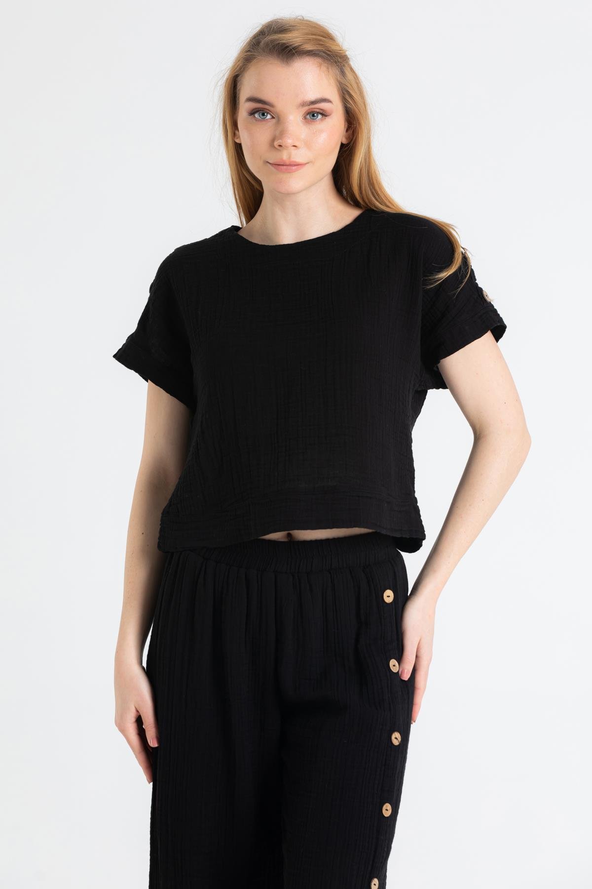 Kısa Kol Müslin İzel Bluz Siyah Syh