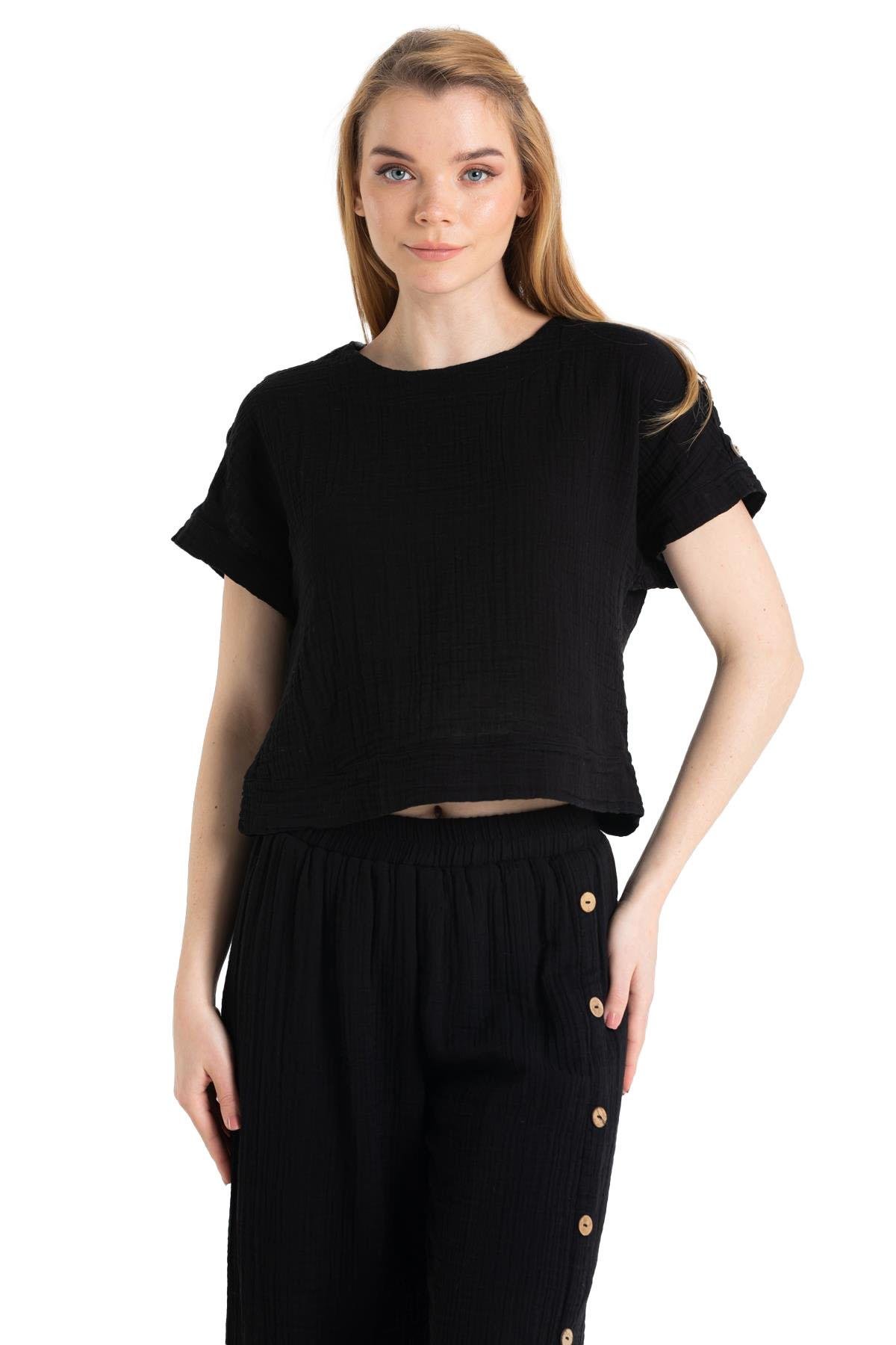 Kısa Kol Müslin İzel Bluz Siyah Syh