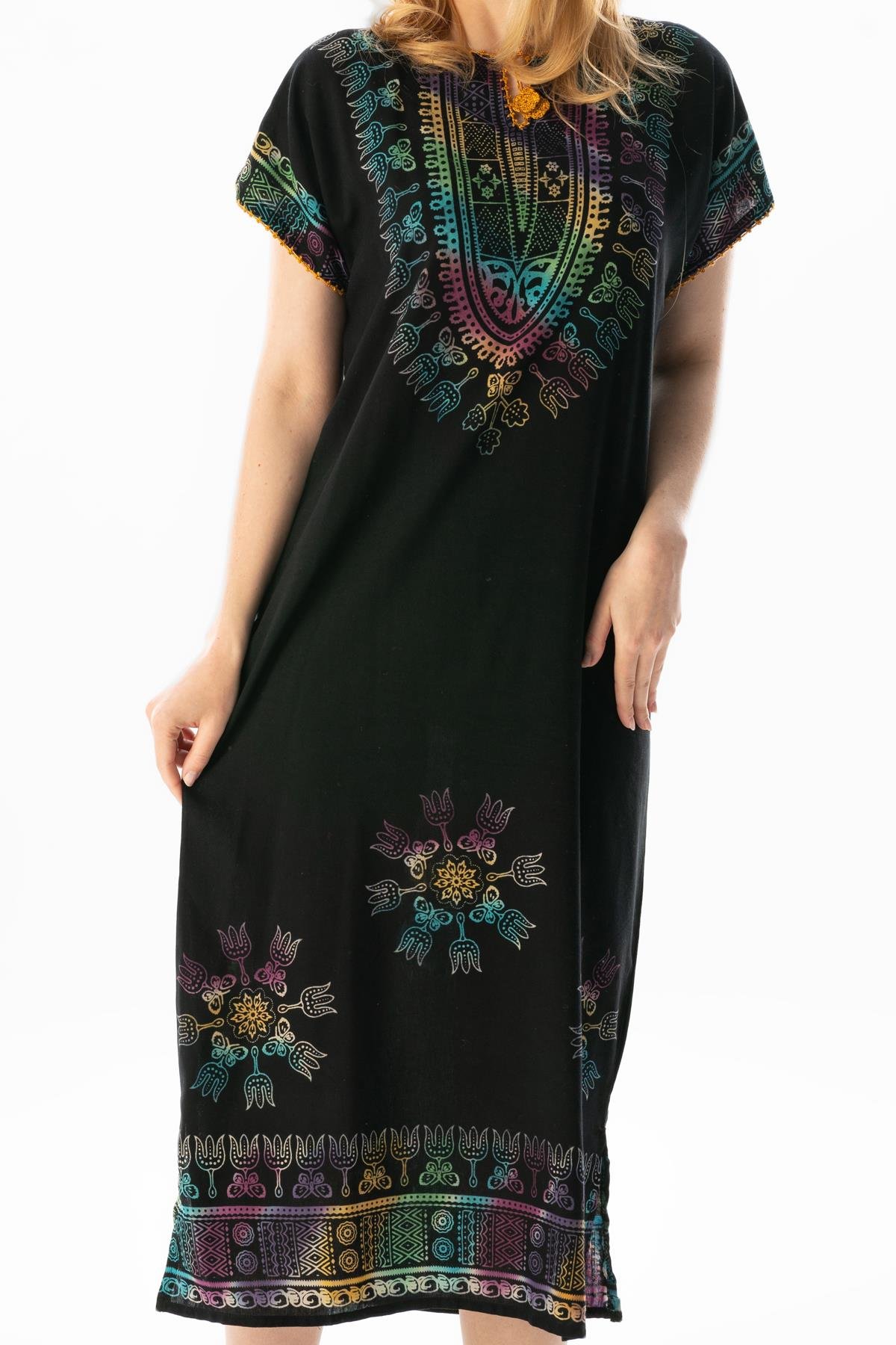 Short Sleeve Cotton Hitit Saray Pattern Long Dress Colorful