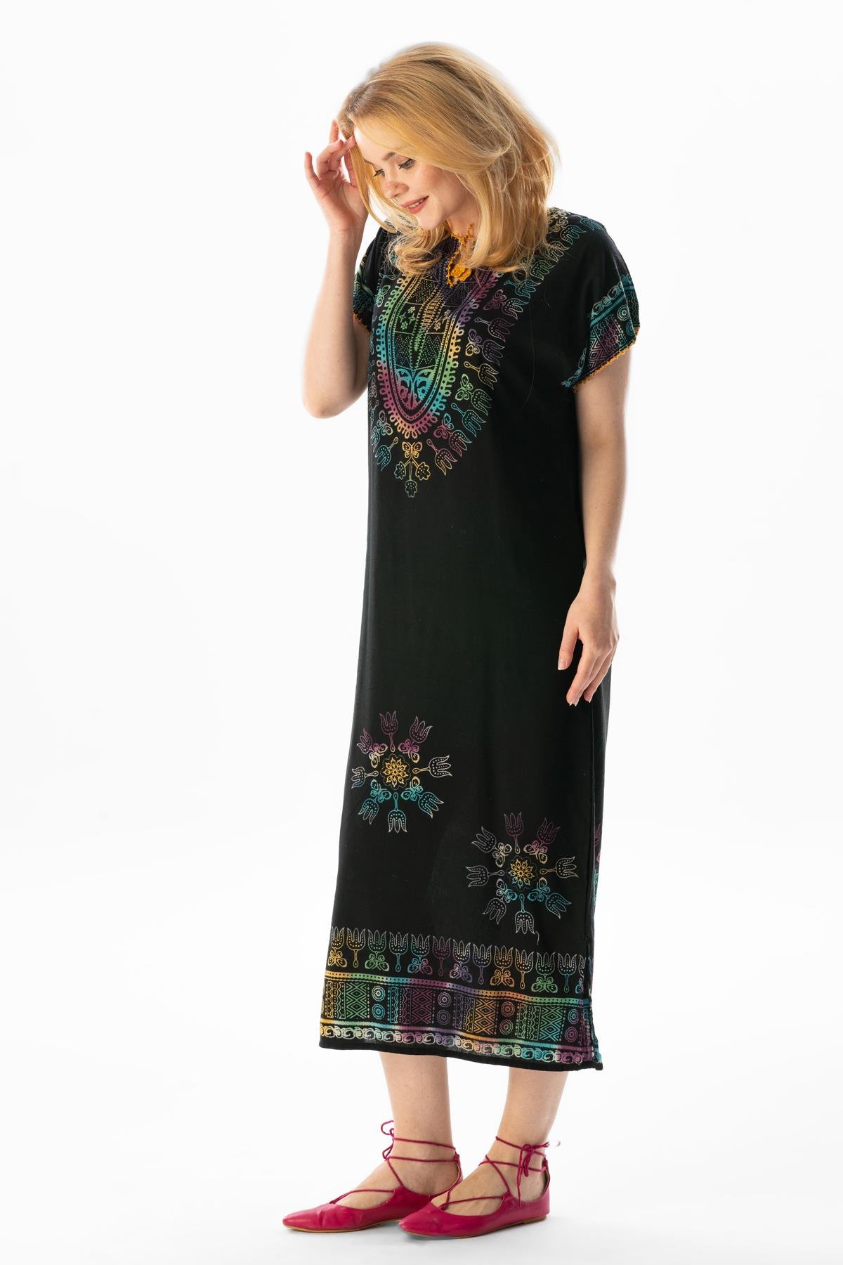 Short Sleeve Cotton Hitit Saray Pattern Long Dress Colorful