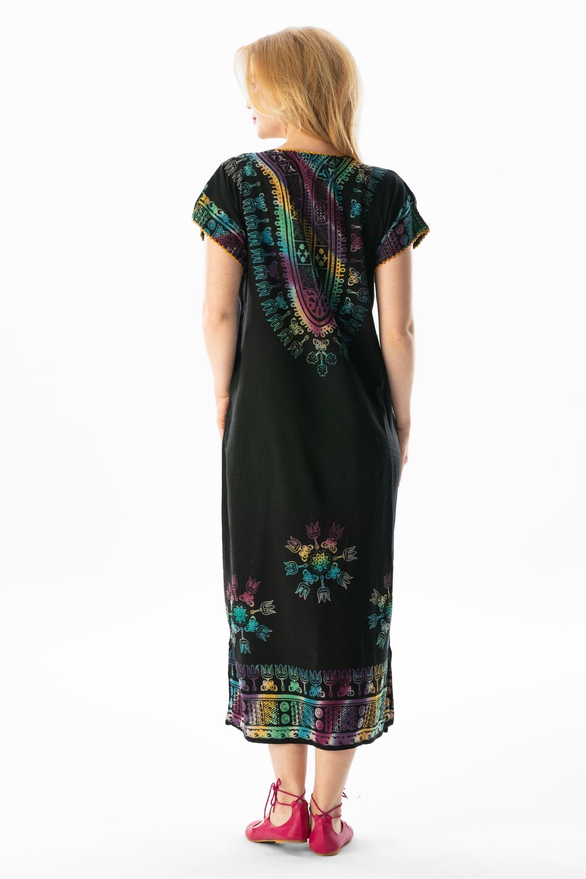 Short Sleeve Cotton Hitit Saray Pattern Long Dress Colorful