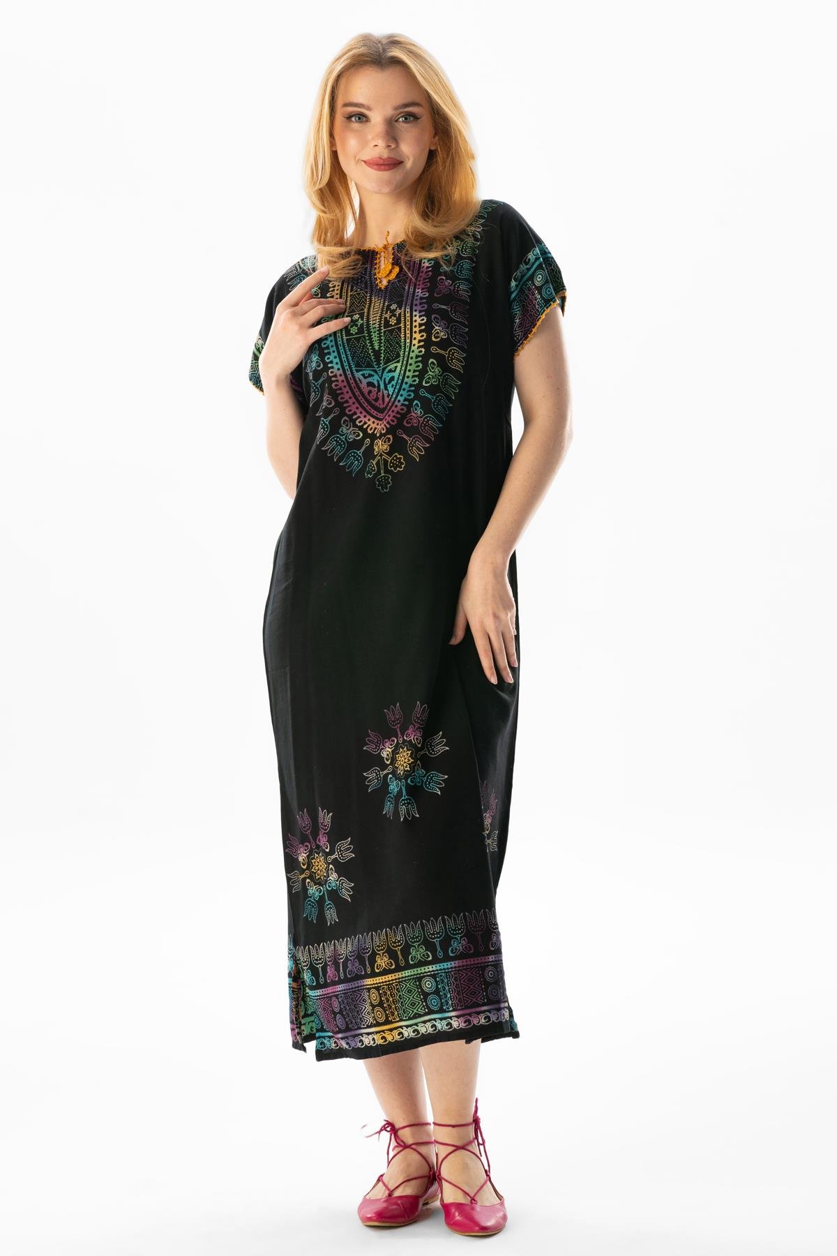 Short Sleeve Cotton Hitit Saray Pattern Long Dress Colorful
