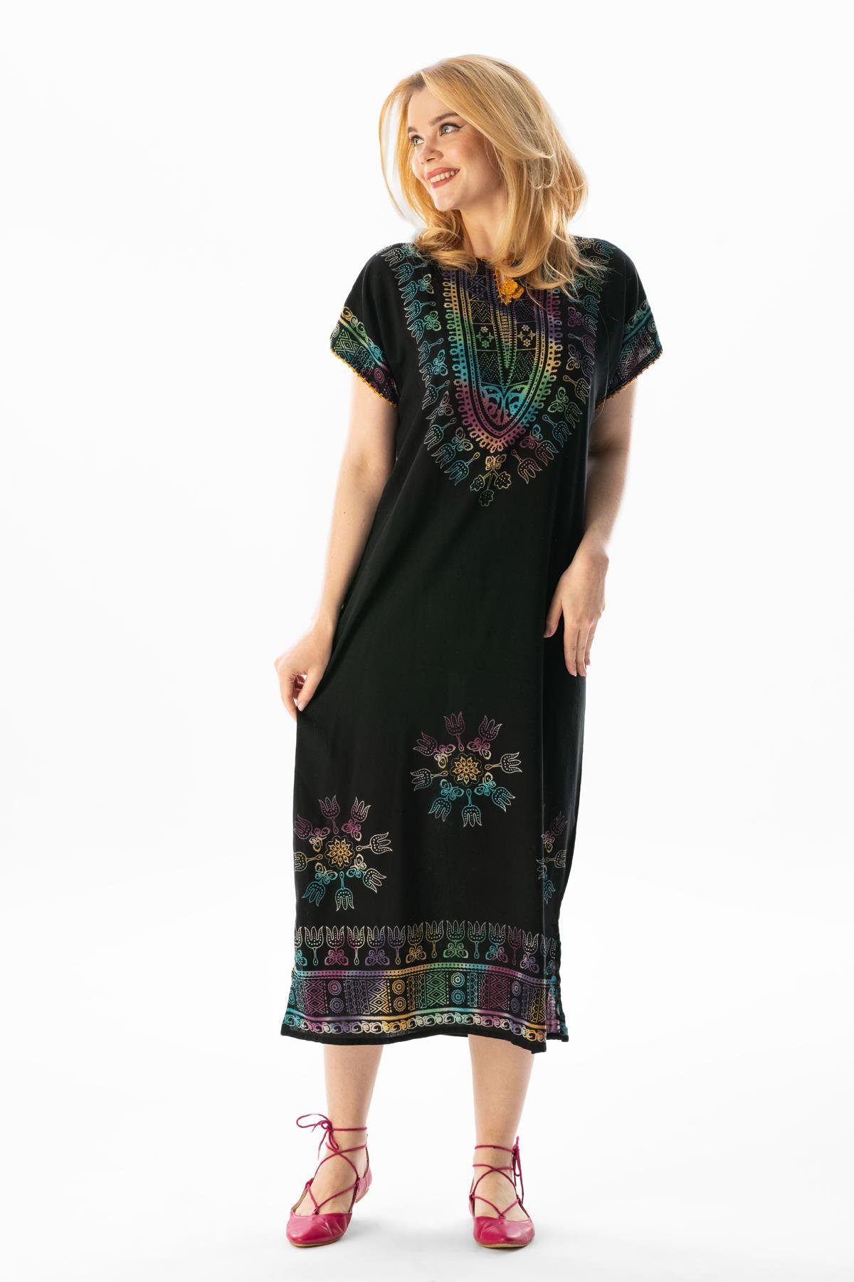 Short Sleeve Cotton Hitit Saray Pattern Long Dress Colorful