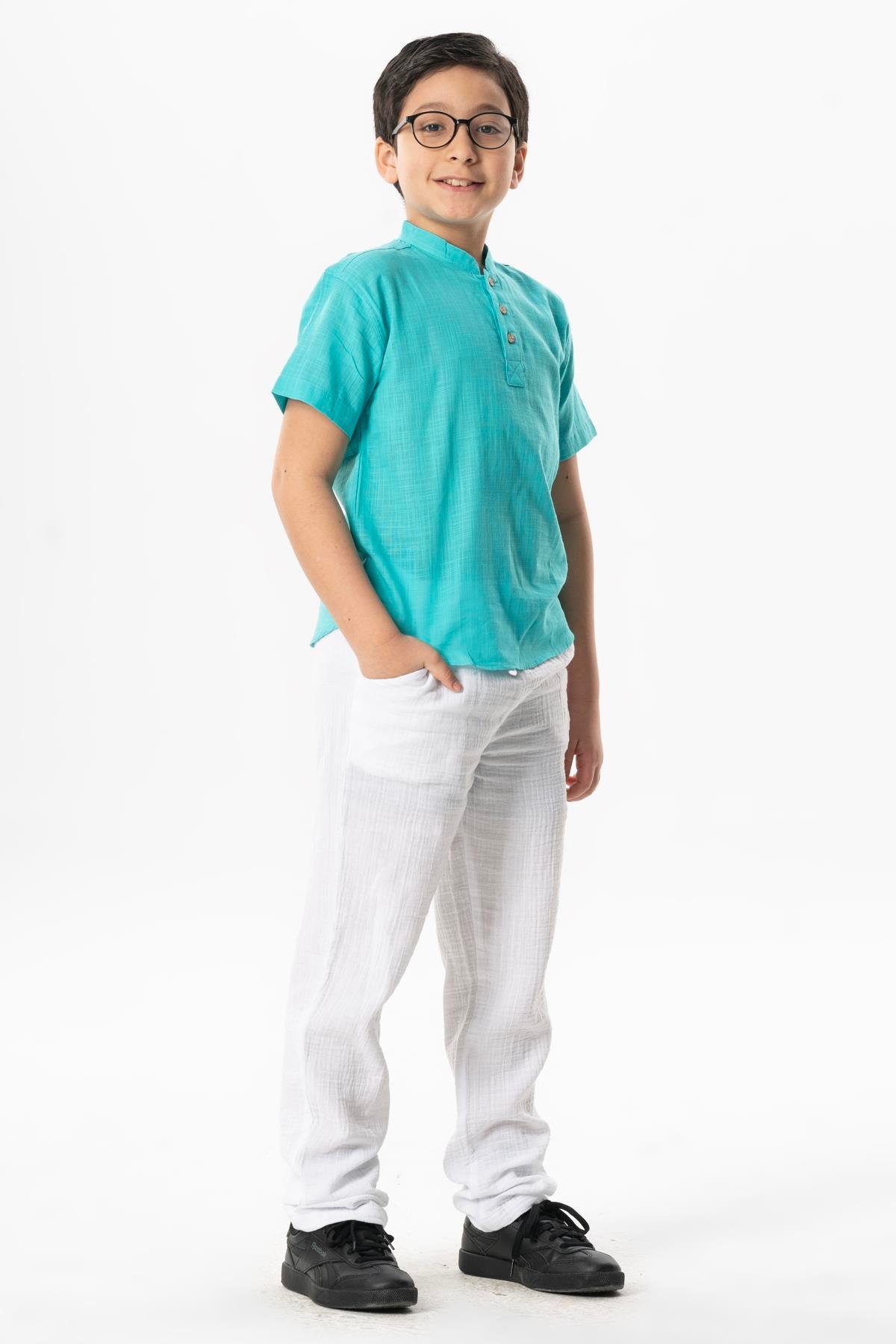 Kısa Kol Şantuklu Pamuk Bodrum Yazlık Erkek Çocuk Tshirt Turkuaz 3054