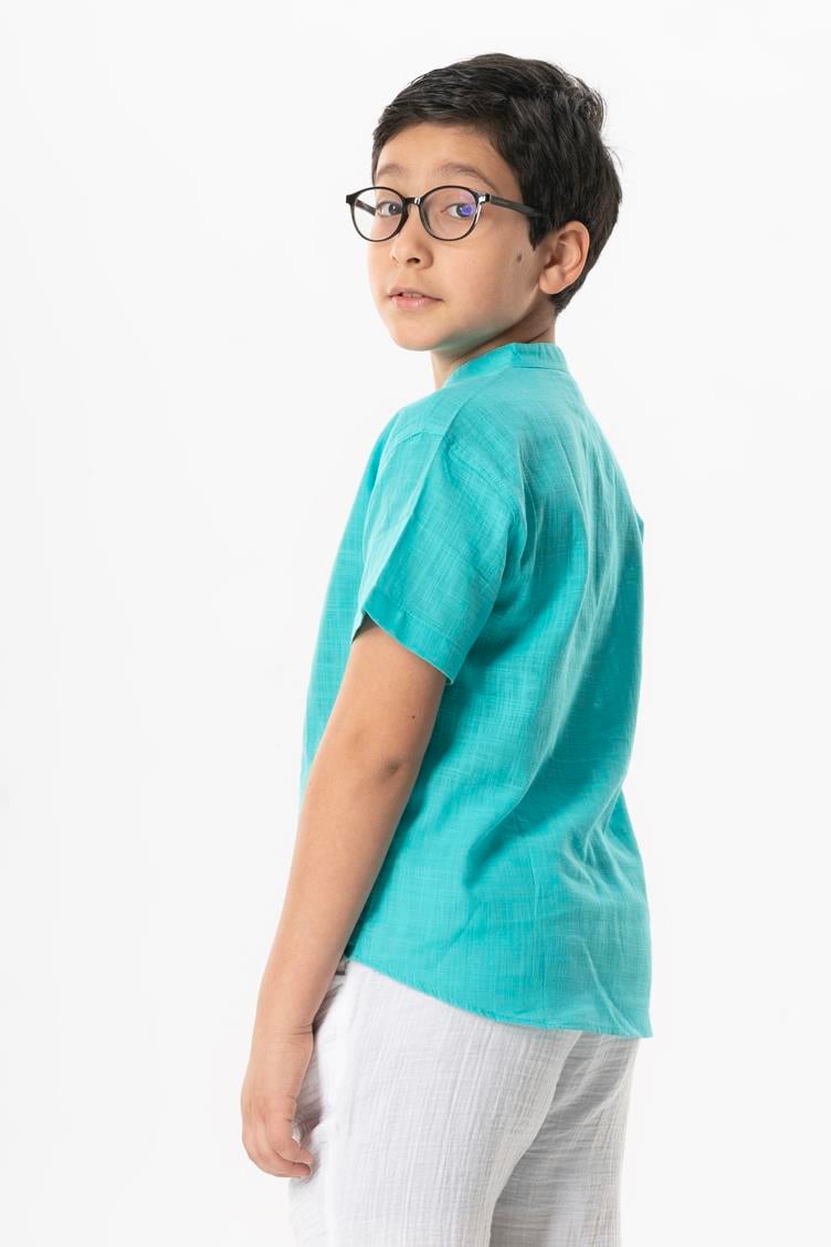 Kısa Kol Şantuklu Pamuk Bodrum Yazlık Erkek Çocuk Tshirt Turkuaz 3054