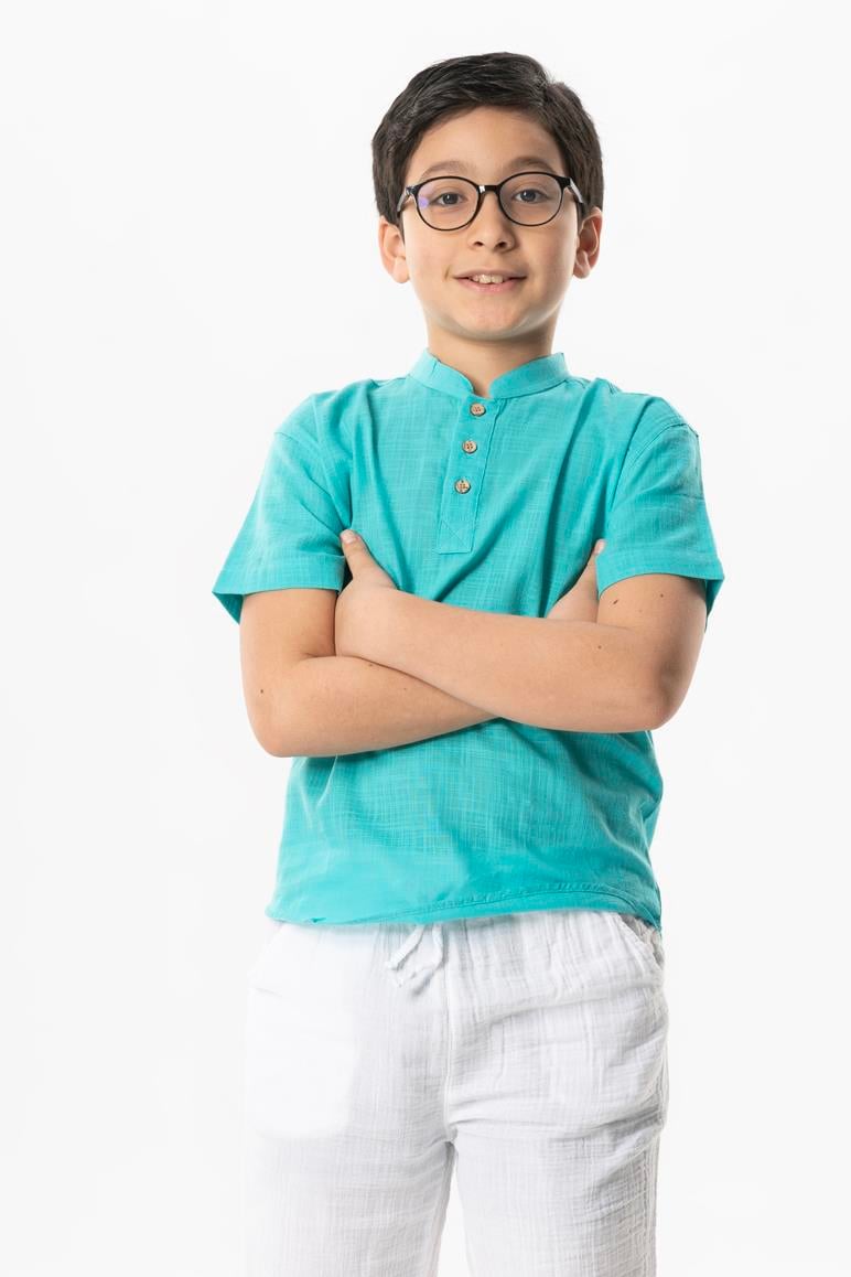 Kısa Kol Şantuklu Pamuk Bodrum Yazlık Erkek Çocuk Tshirt Turkuaz 3054