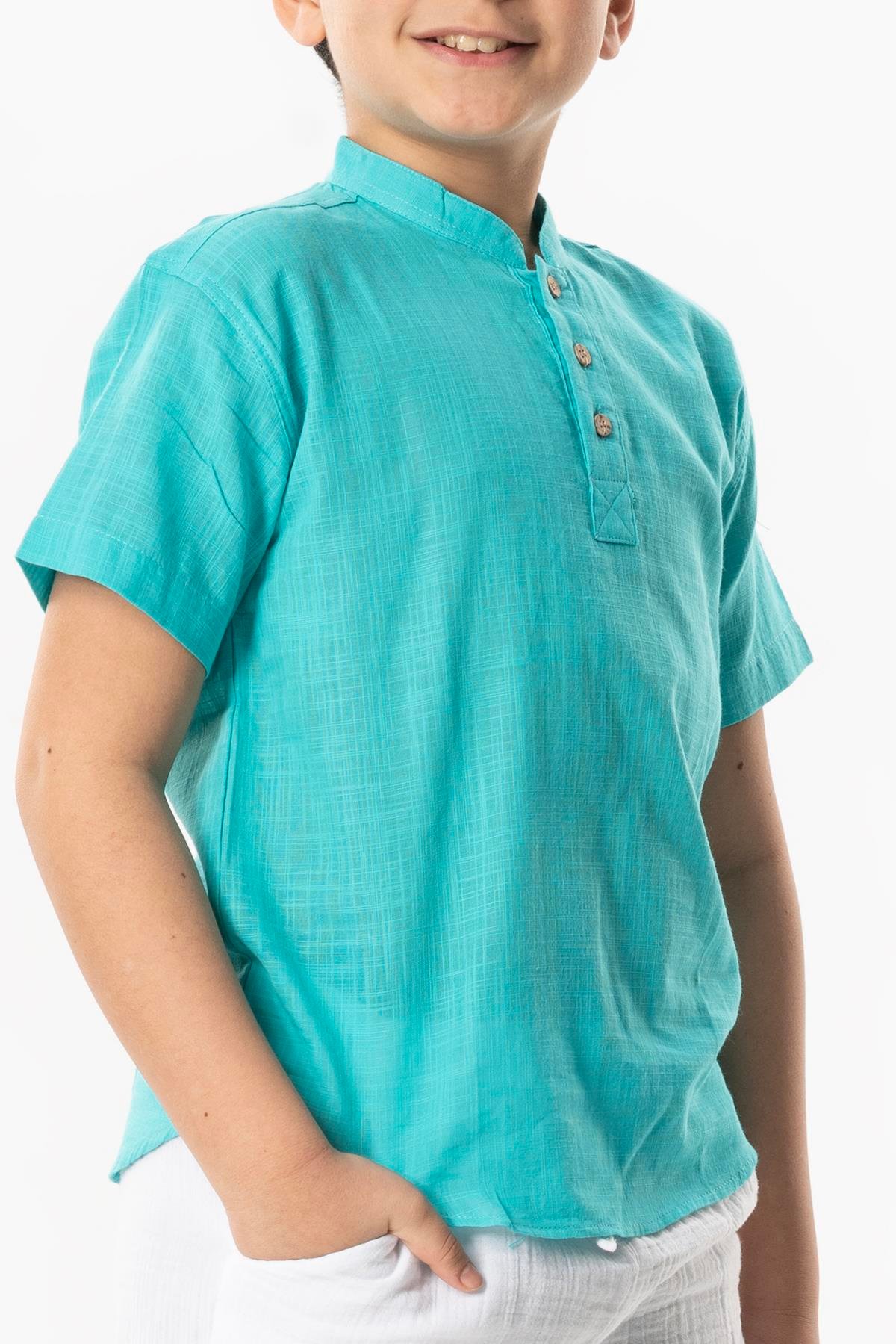 Kısa Kol Şantuklu Pamuk Bodrum Yazlık Erkek Çocuk Tshirt Turkuaz 3054