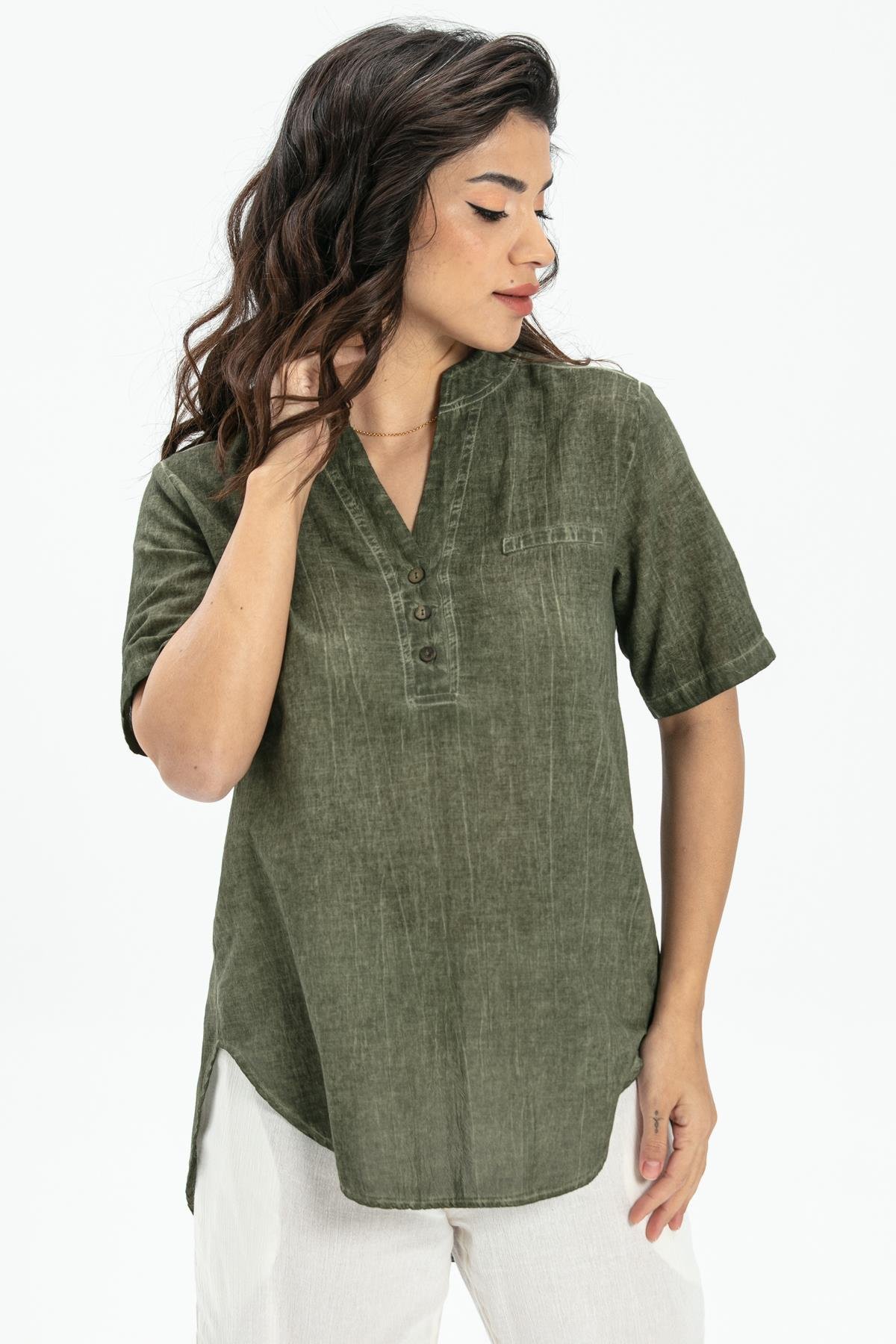 Short Sleeve Şile Fabric Akasya Blouse Khaki