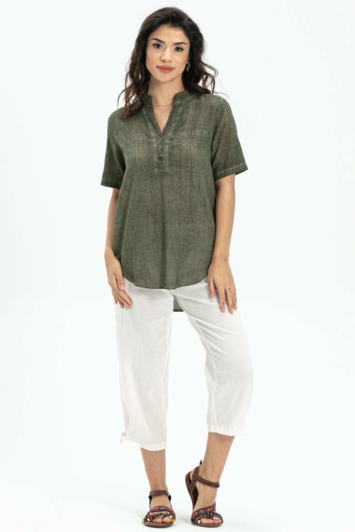 Short Sleeve Şile Fabric Akasya Blouse Khaki