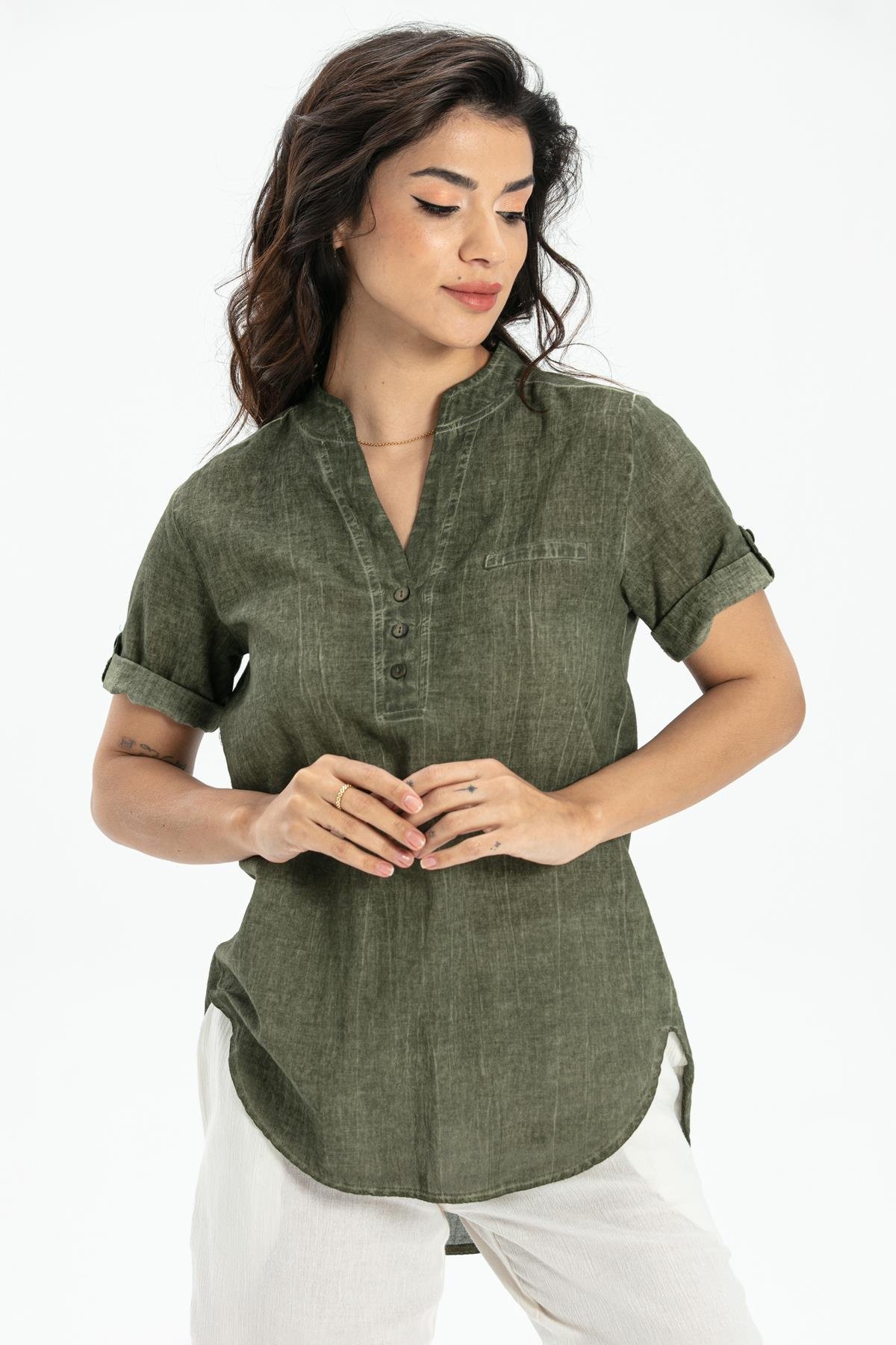 Short Sleeve Şile Fabric Akasya Blouse Khaki