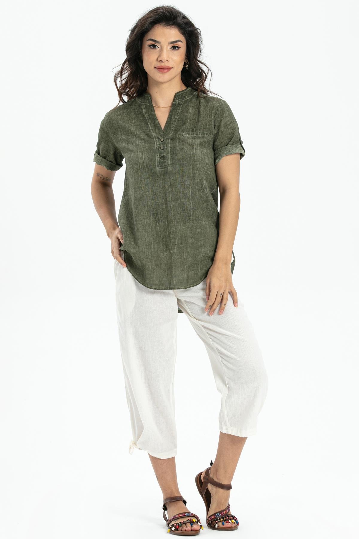 Short Sleeve Şile Fabric Akasya Blouse Khaki