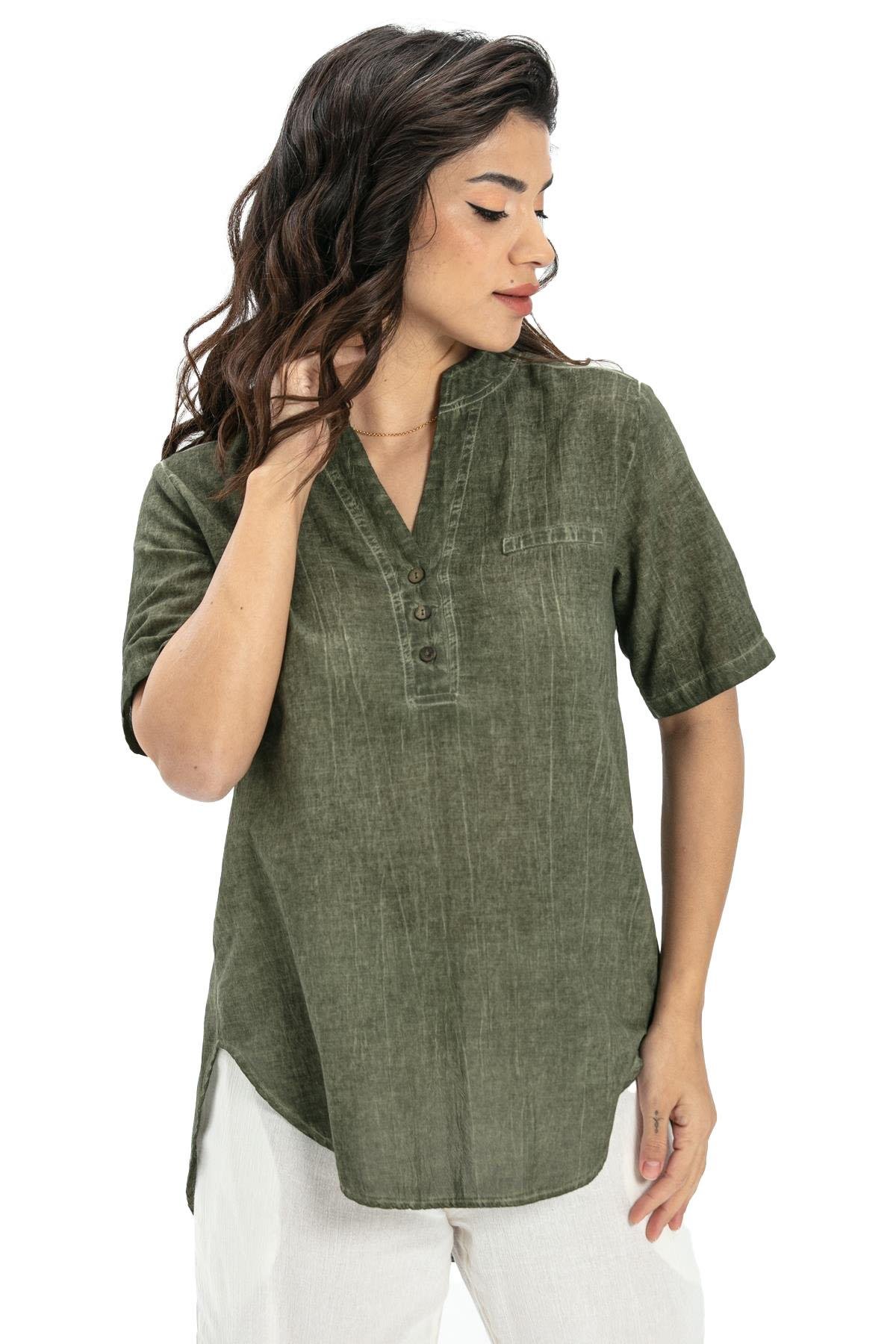 Short Sleeve Şile Fabric Akasya Blouse Khaki