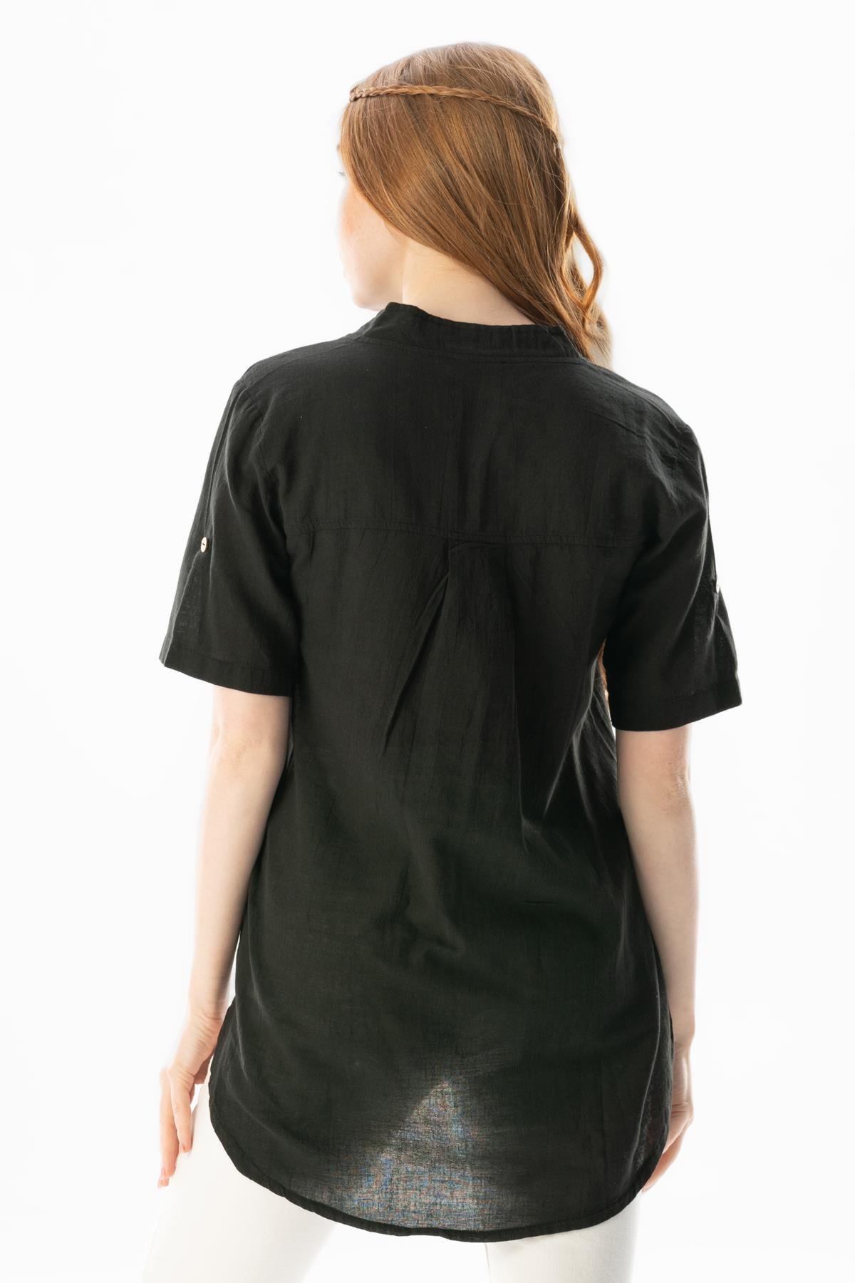 Kısa Kol Şile Bezi Akasya Yazlık Bluz Siyah Syh