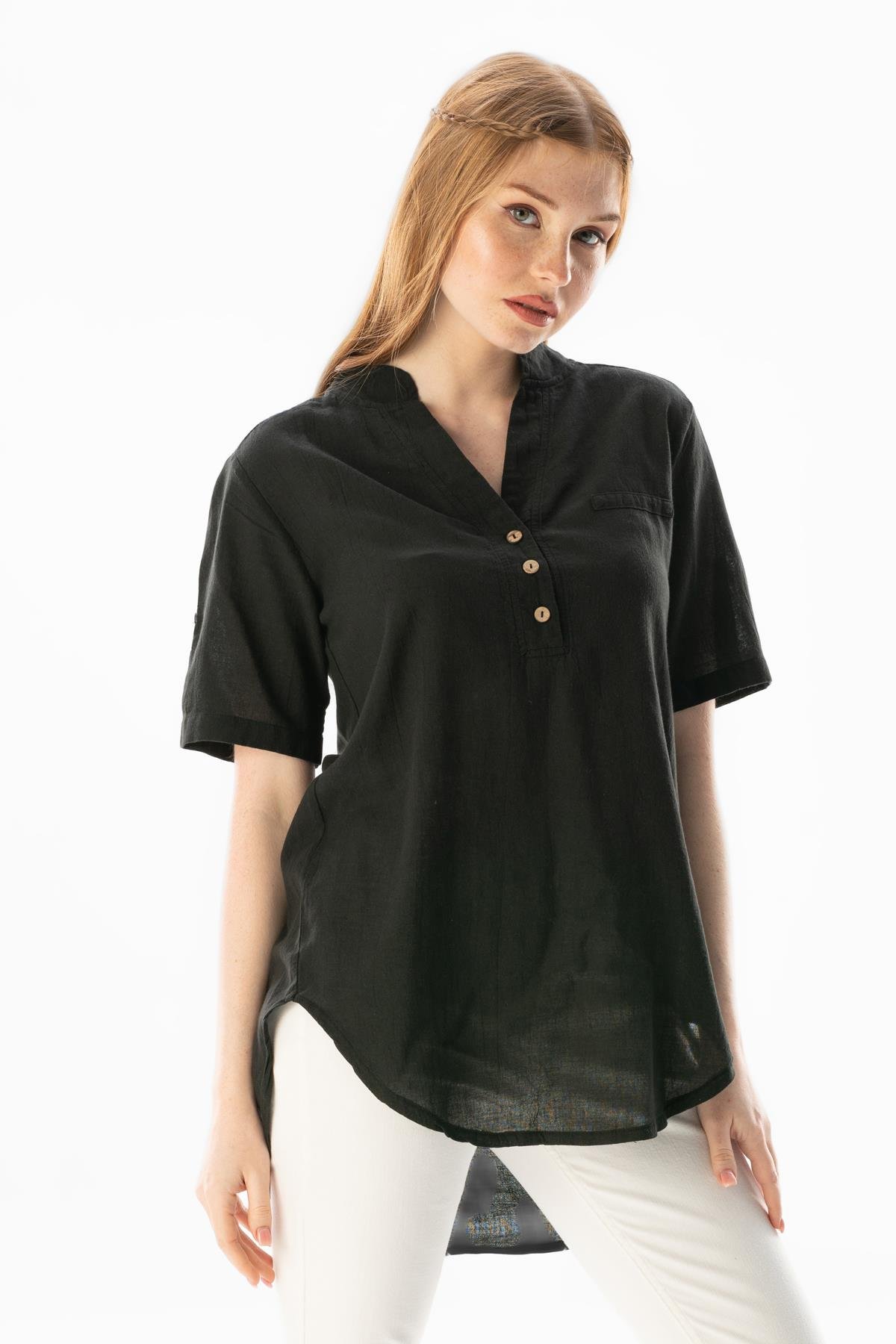 Kısa Kol Şile Bezi Akasya Yazlık Bluz Siyah Syh
