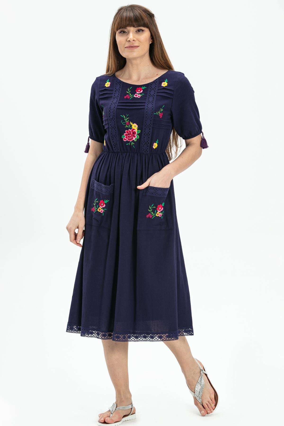 Kısa Kol Şile Bezi Asiye Midi Boy Elbise Mor Mor