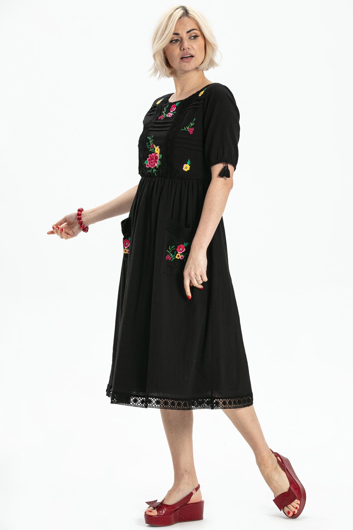 Kısa Kol Şile Bezi Asiye Midi Boy Elbise Siyah Syh