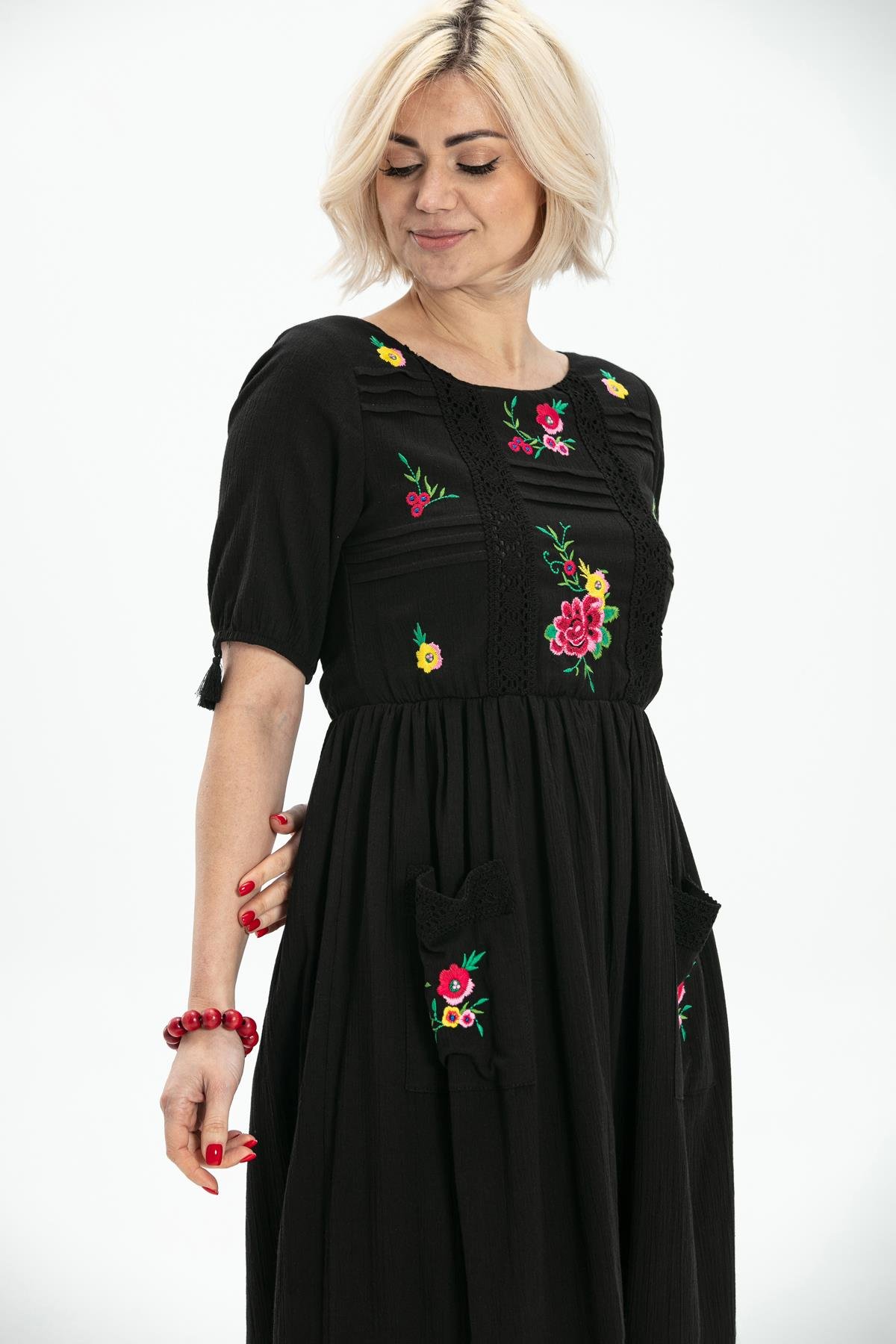 Kısa Kol Şile Bezi Asiye Midi Boy Elbise Siyah Syh