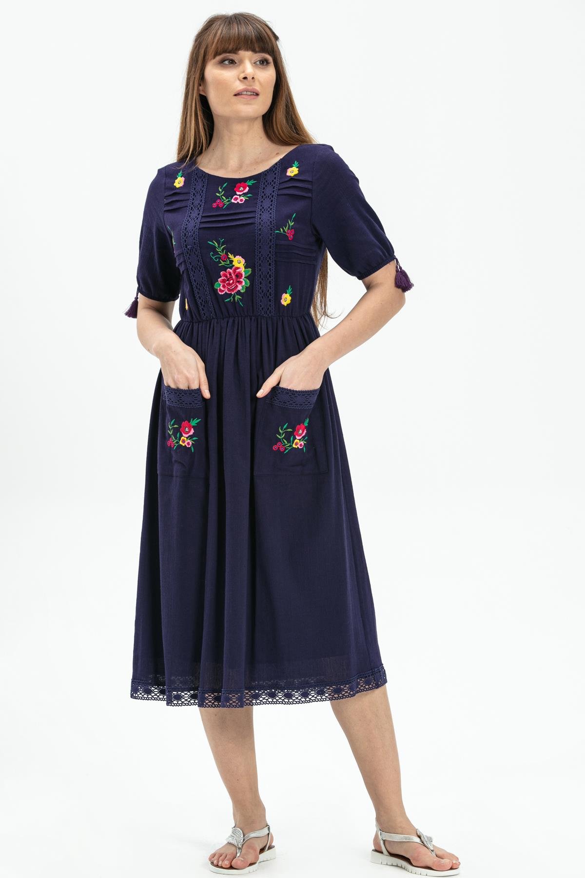 Kısa Kol Şile Bezi Asiye Midi Boy Elbise Mor Mor