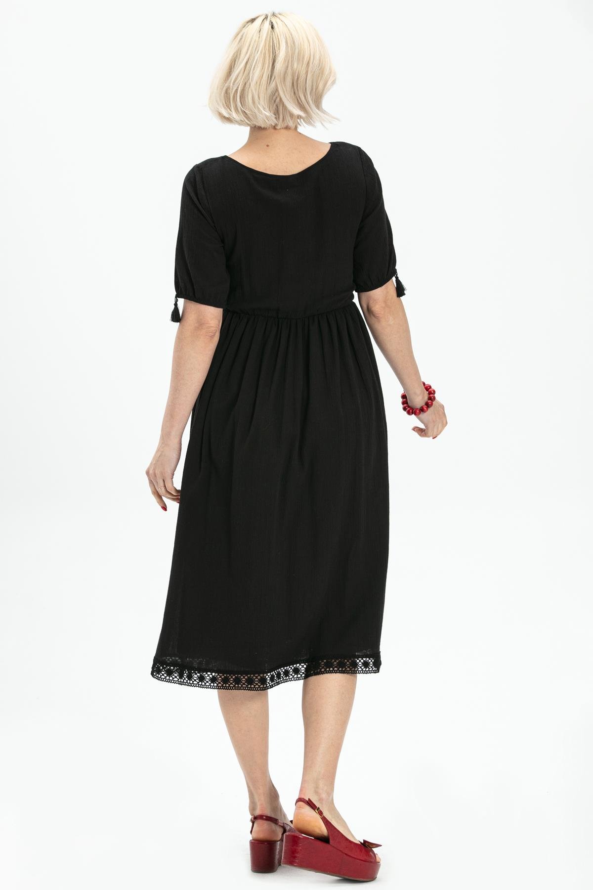 Kısa Kol Şile Bezi Asiye Midi Boy Elbise Siyah Syh