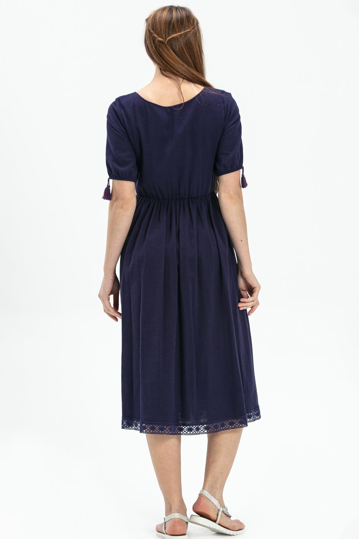 Kısa Kol Şile Bezi Asiye Midi Boy Elbise Mor Mor