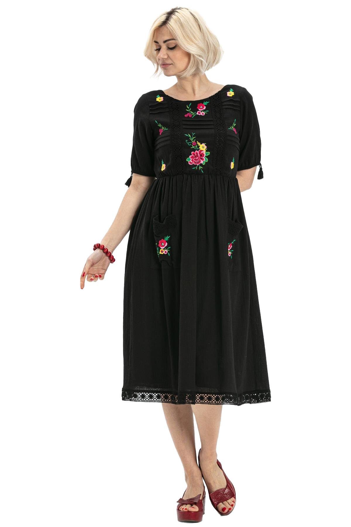 Kısa Kol Şile Bezi Asiye Midi Boy Elbise Siyah Syh