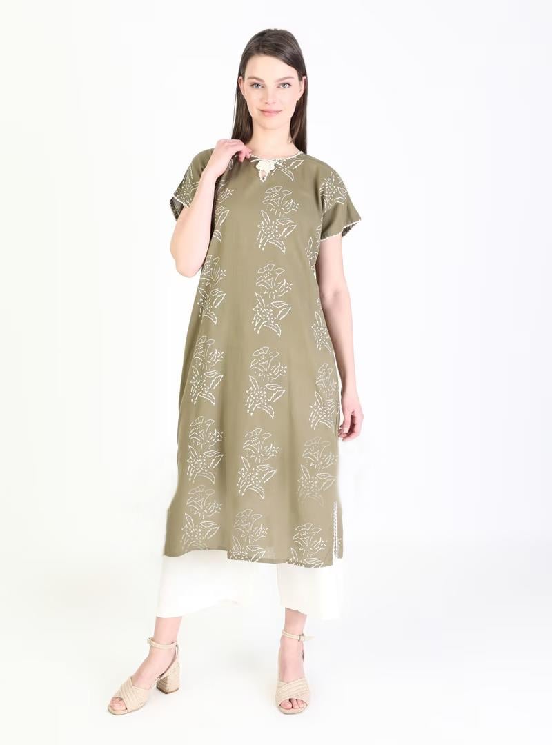 Kısa Kol Şile Bezi Baskılı Midi Boy Elbise Zambak Desen Haki Hk