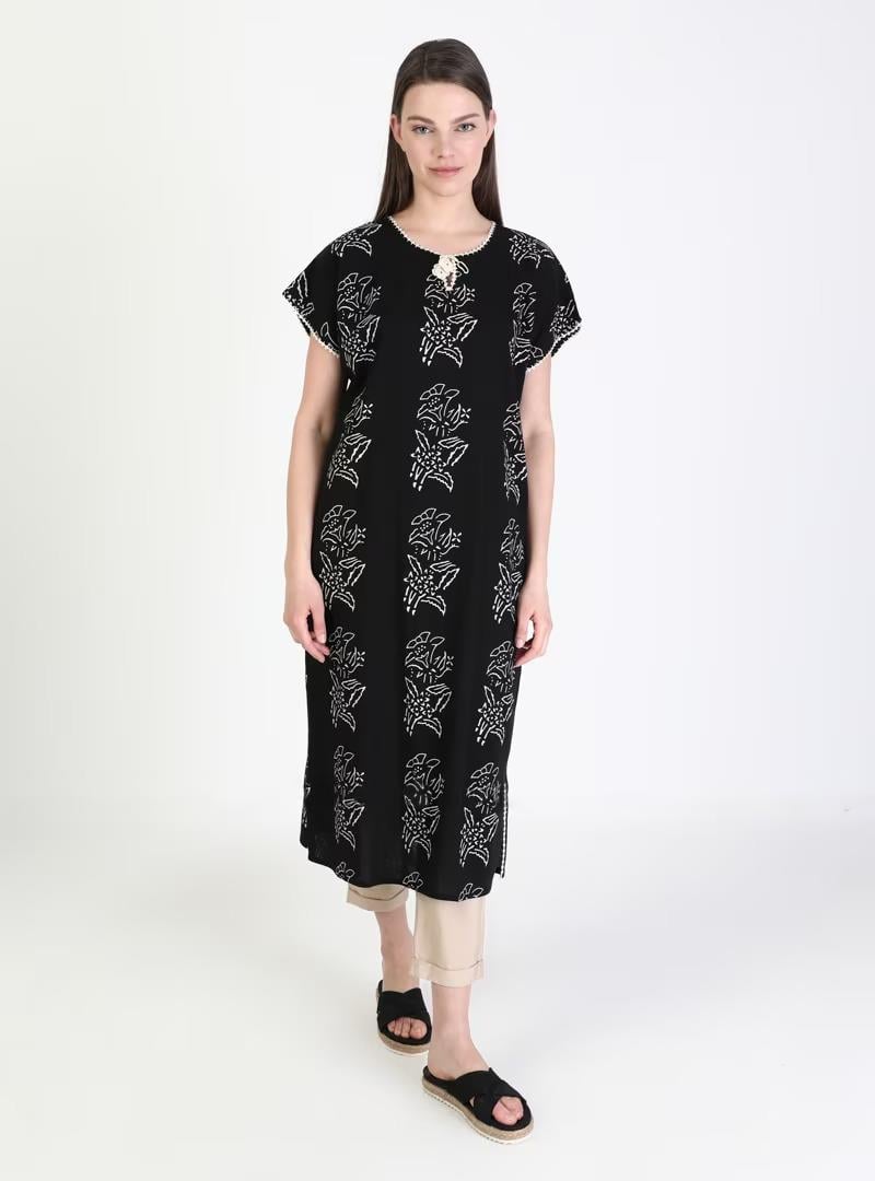 Short Sleeve Sile Fabric Baskılı Midi Dress Lily Pattern Black