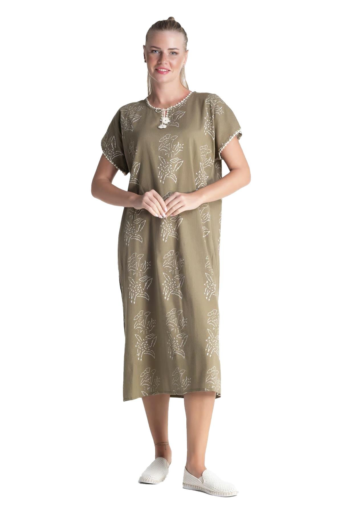 Kısa Kol Şile Bezi Baskılı Midi Boy Elbise Zambak Desen Haki Hk