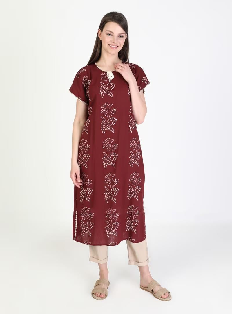 Kısa Kol Şile Bezi Baskılı Midi Boy Elbise Zambak Desen Bordo Brd