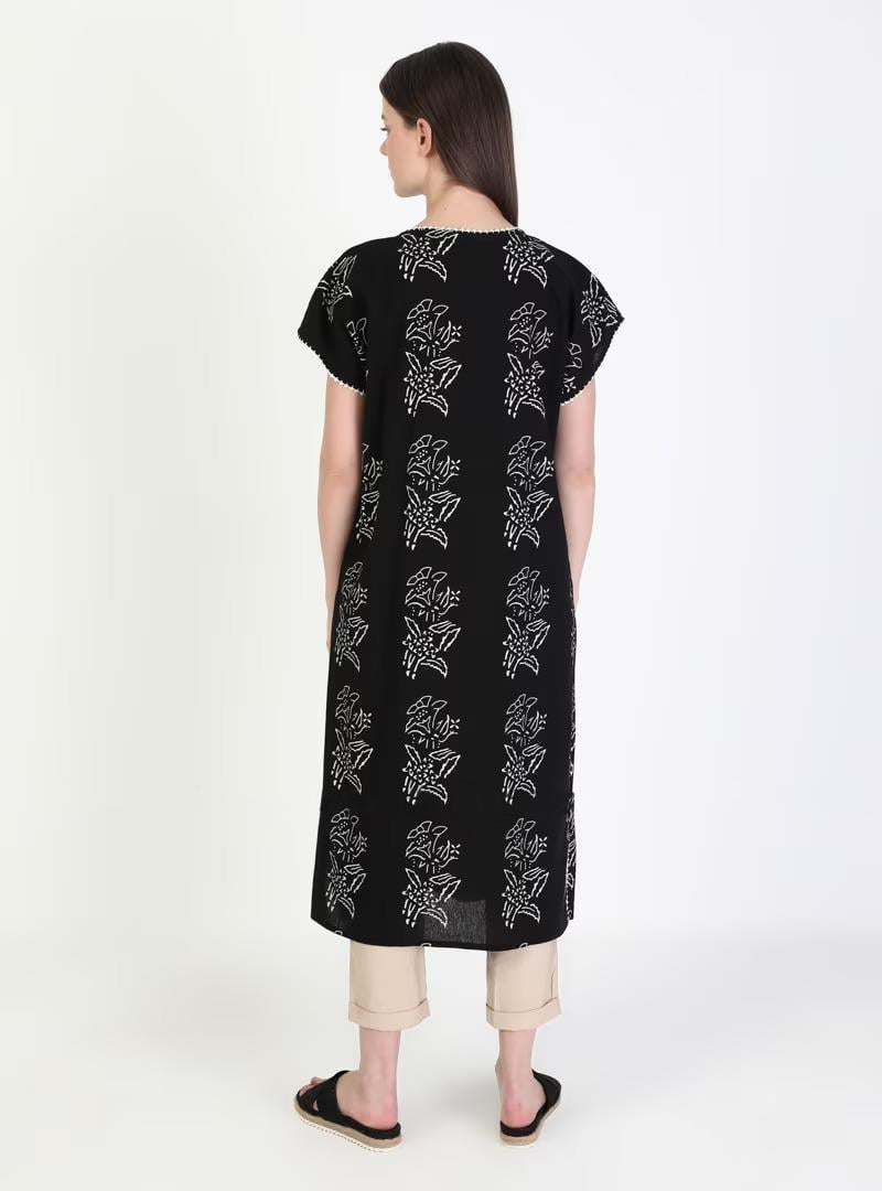 Short Sleeve Sile Fabric Baskılı Midi Dress Lily Pattern Black