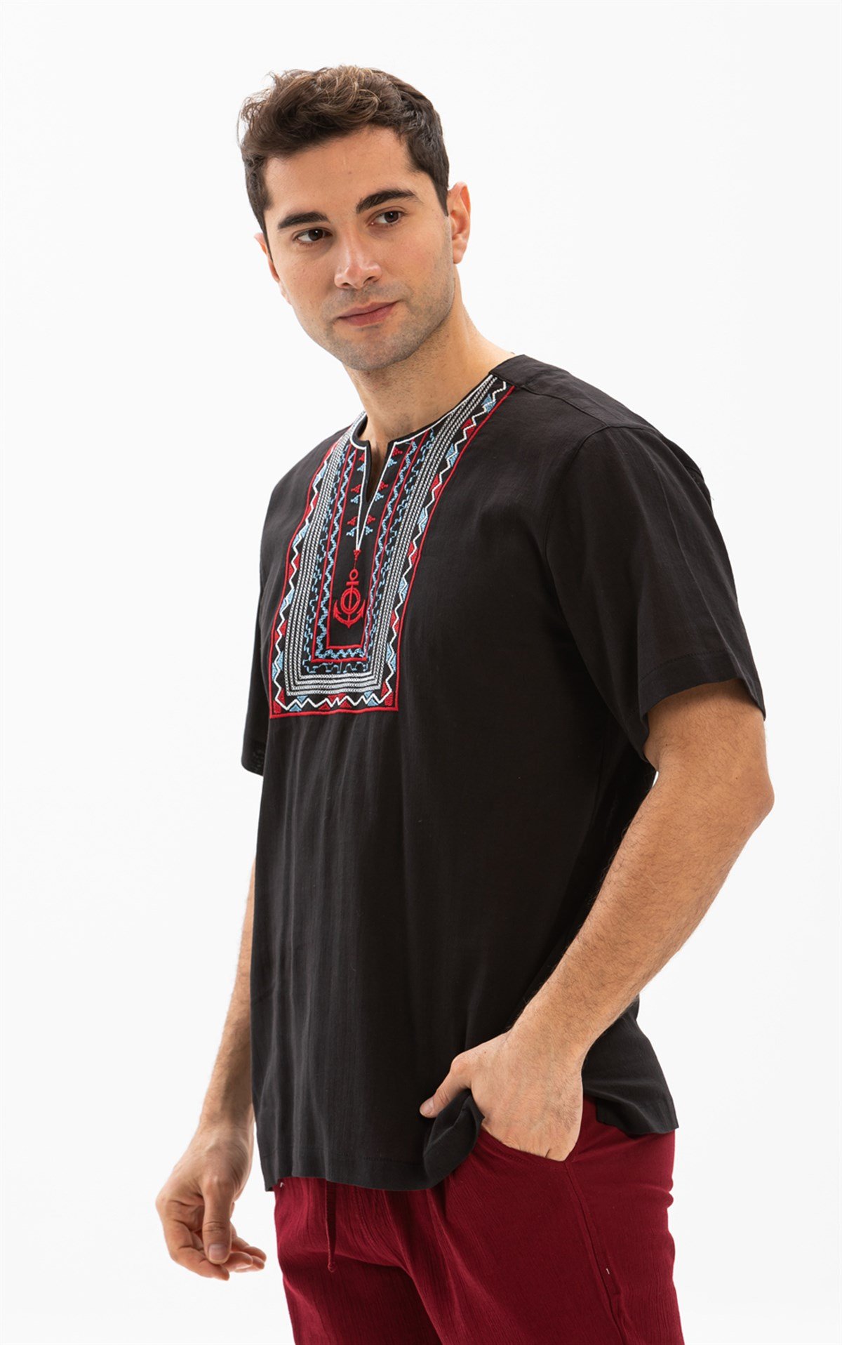 Kısa Kol Şile Bezi Bisiklet Yaka Bahriyeli Erkek T-Shirt Siyah