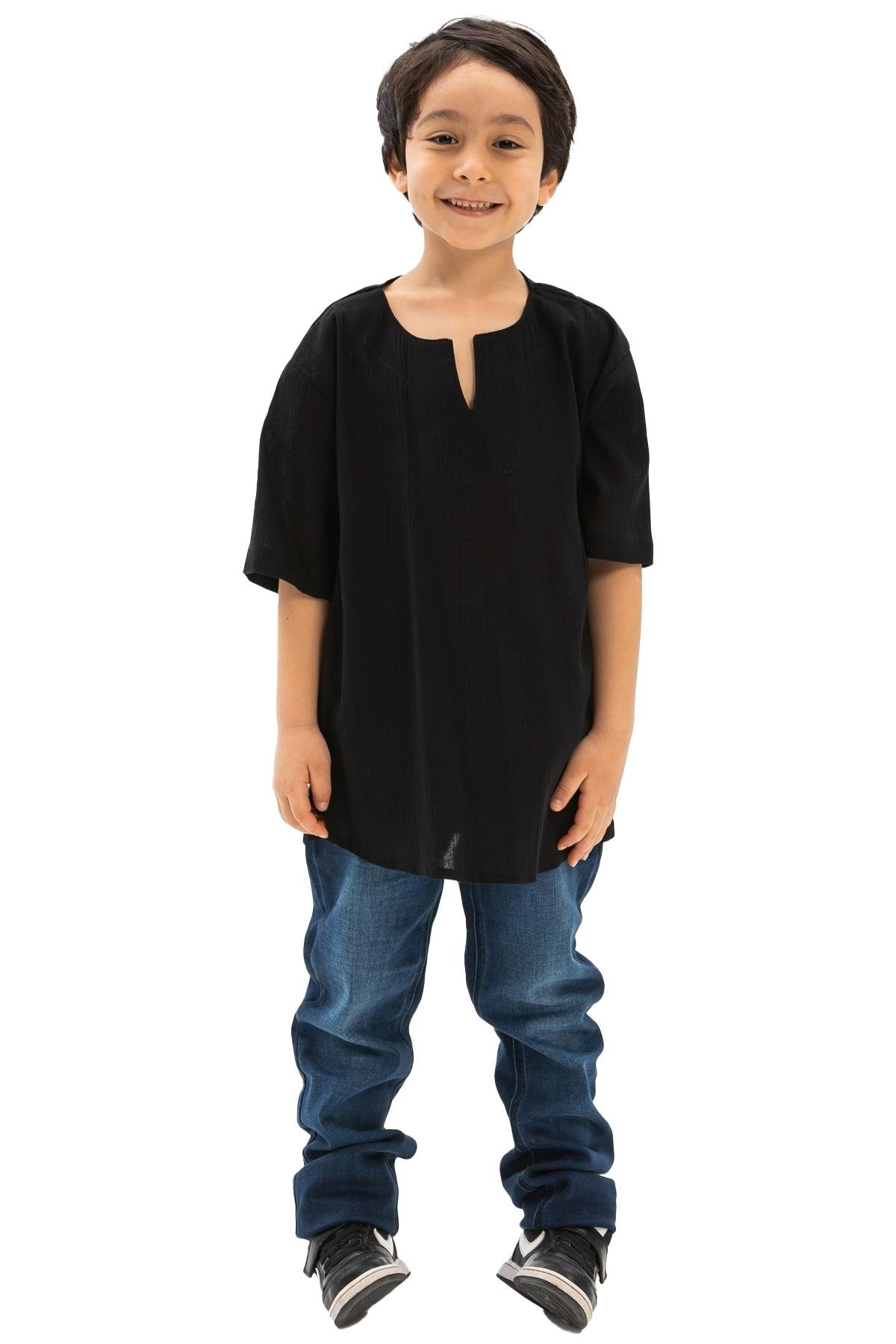 Kısa Kol Şile Bezi Bisiklet Yaka Erkek Çocuk Tshirt Siyah 3003