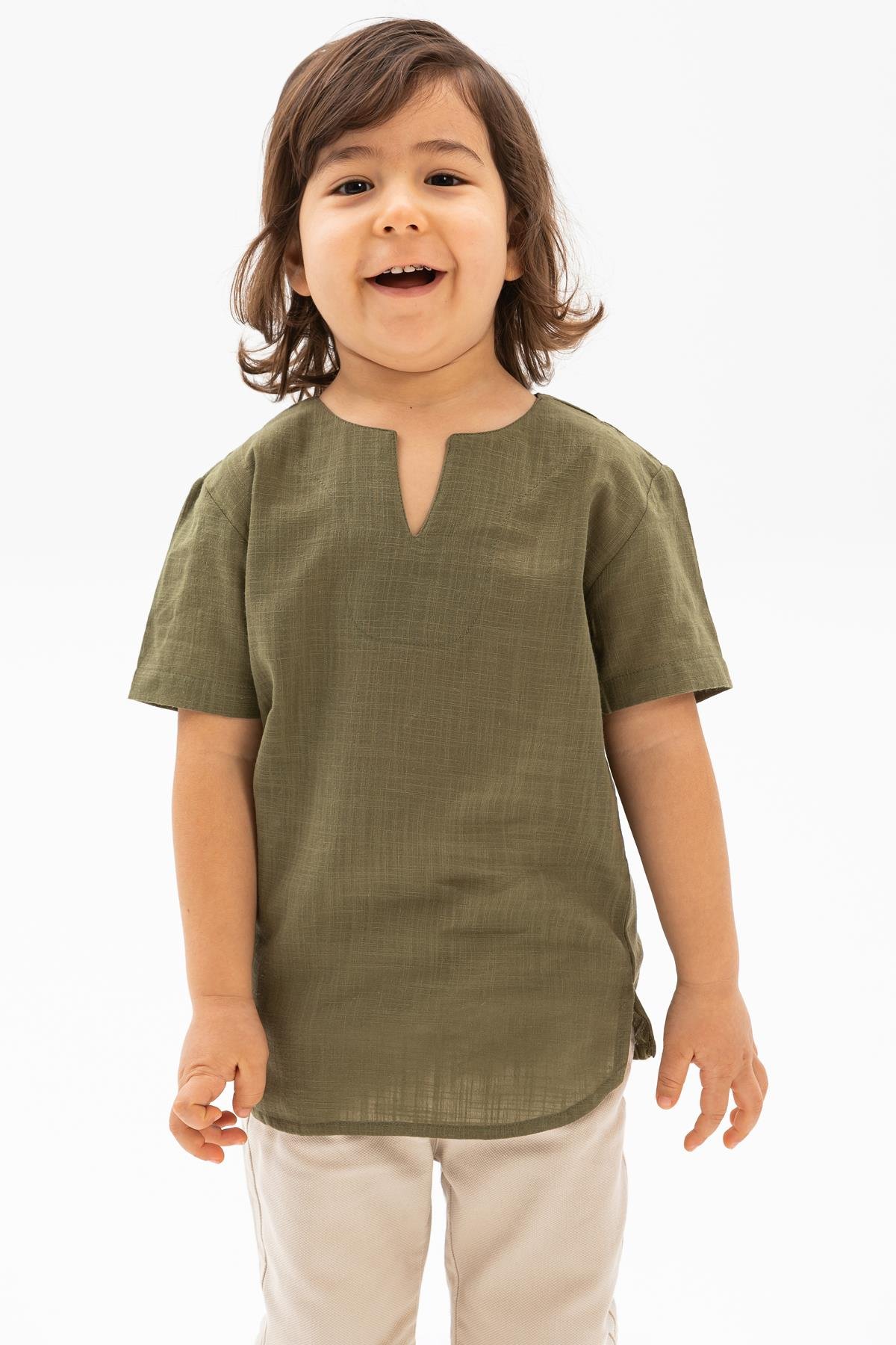 Kısa Kol Şile Bezi Bisiklet Yaka Erkek Çocuk Tshirt Haki 3049