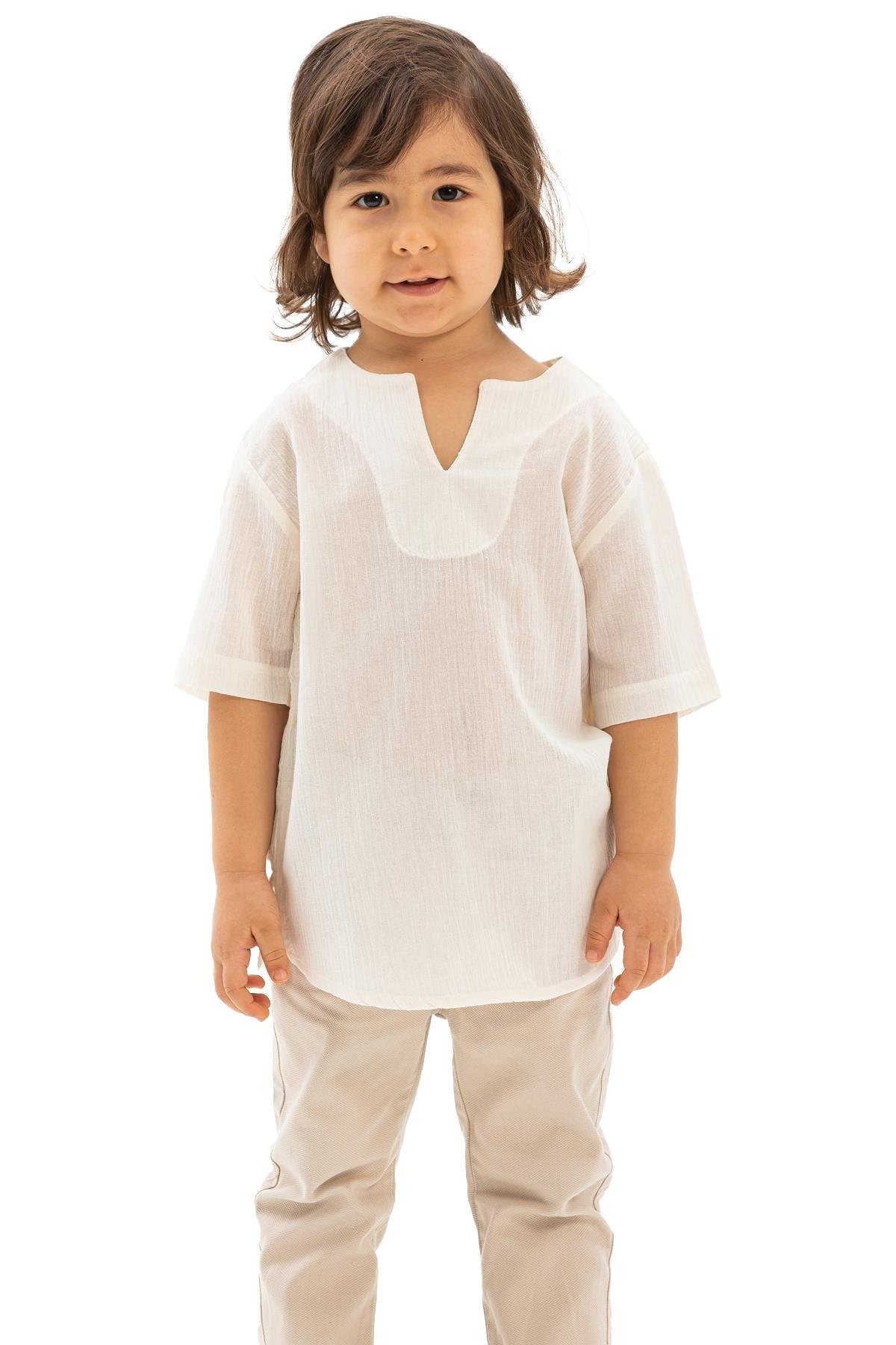 Kısa Kol Şile Bezi Bisiklet Yaka Erkek Çocuk Tshirt Krem 3002