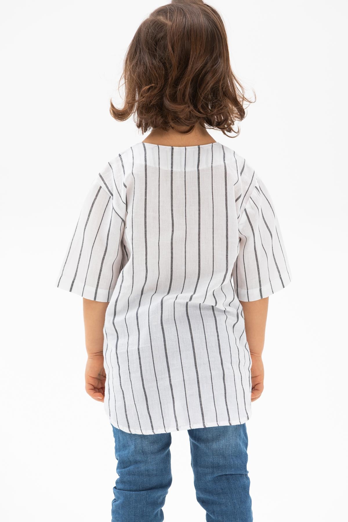 Short Arm Sile Fabric Bicycle Collar Men Kid's TShirt White Black Striped
