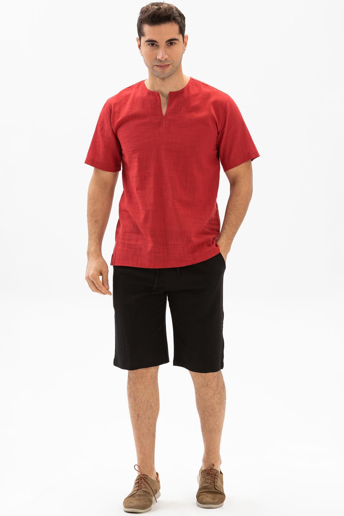 Kısa Kol Şile Bezi Bisiklet Yaka Erkek Tshirt Kırmızı 3051