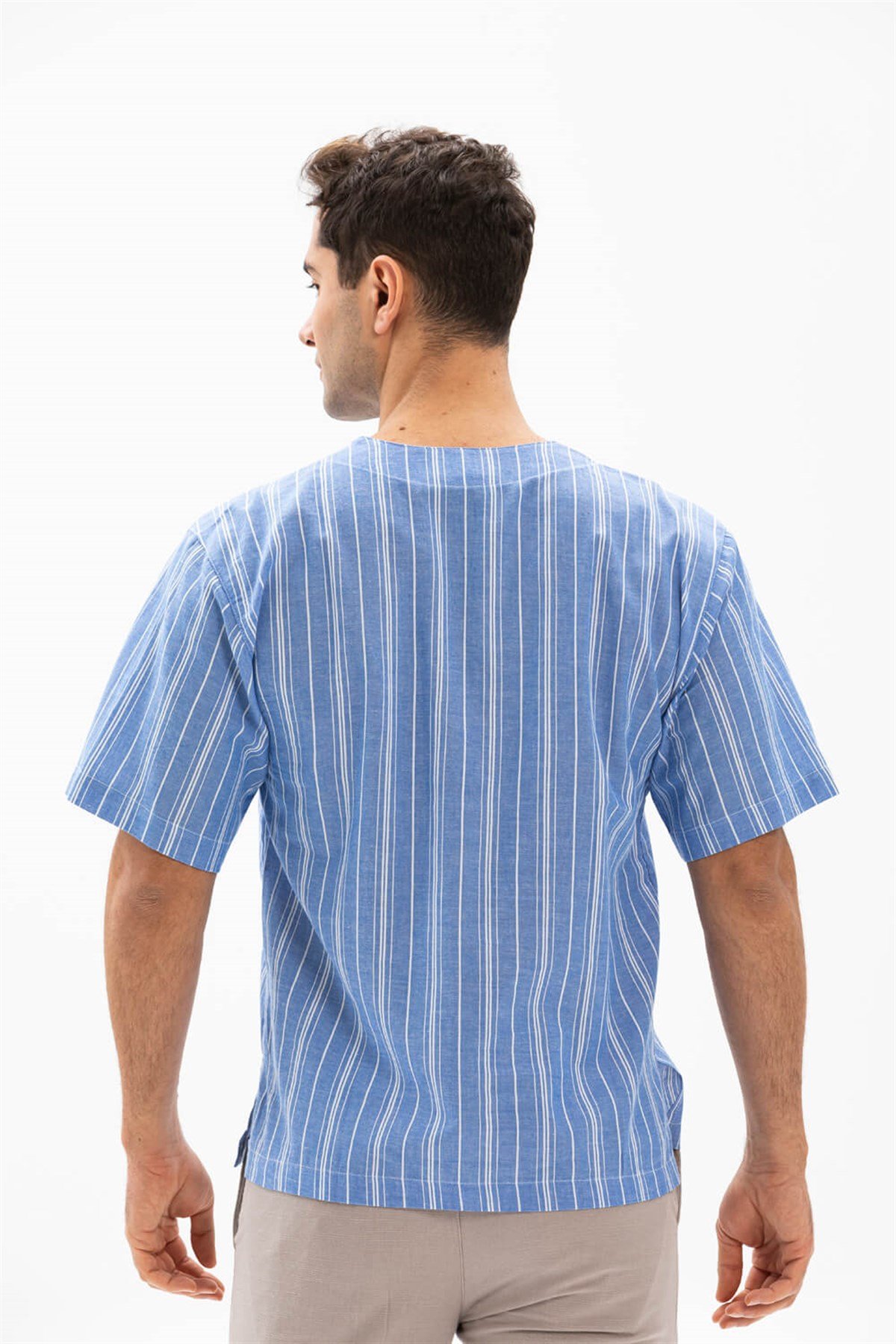 Kısa Kol Şile Bezi Bisiklet Yaka Erkek Tshirt Mavi Beyaz Çizgili