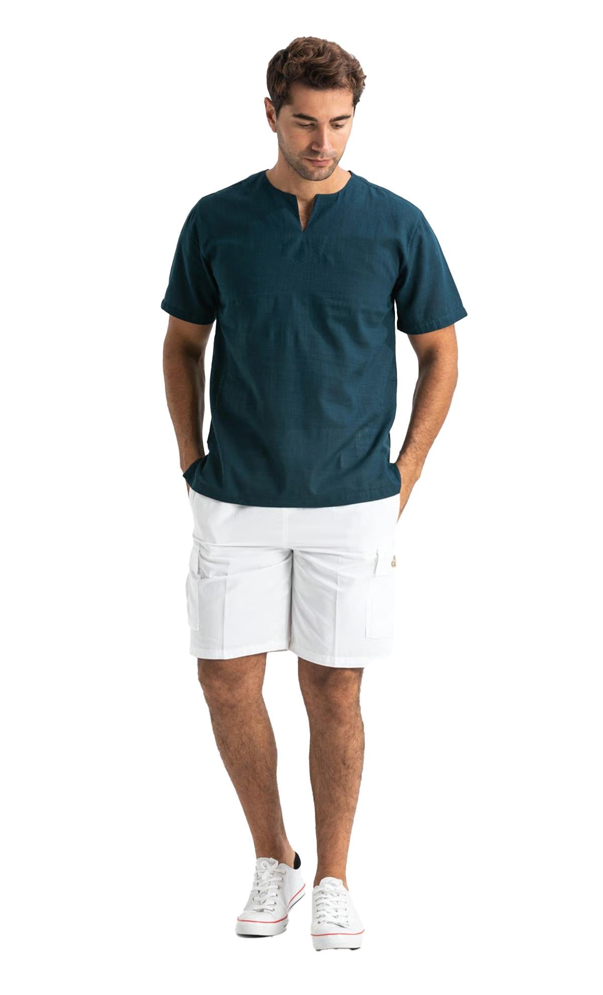 Kısa Kol Şile Bezi Bisiklet Yaka Erkek Tshirt Koyu Petrol 3069