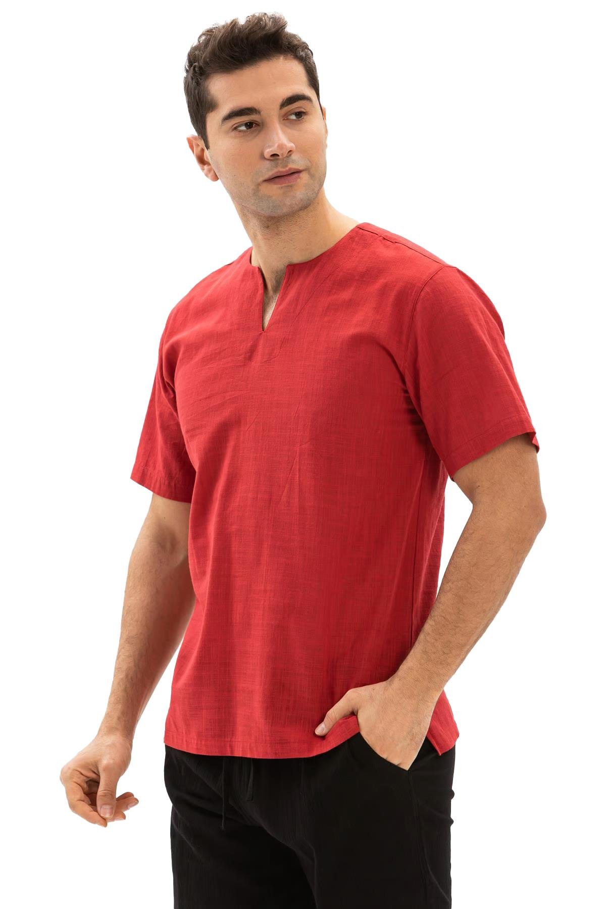 Kısa Kol Şile Bezi Bisiklet Yaka Erkek Tshirt Kırmızı 3051