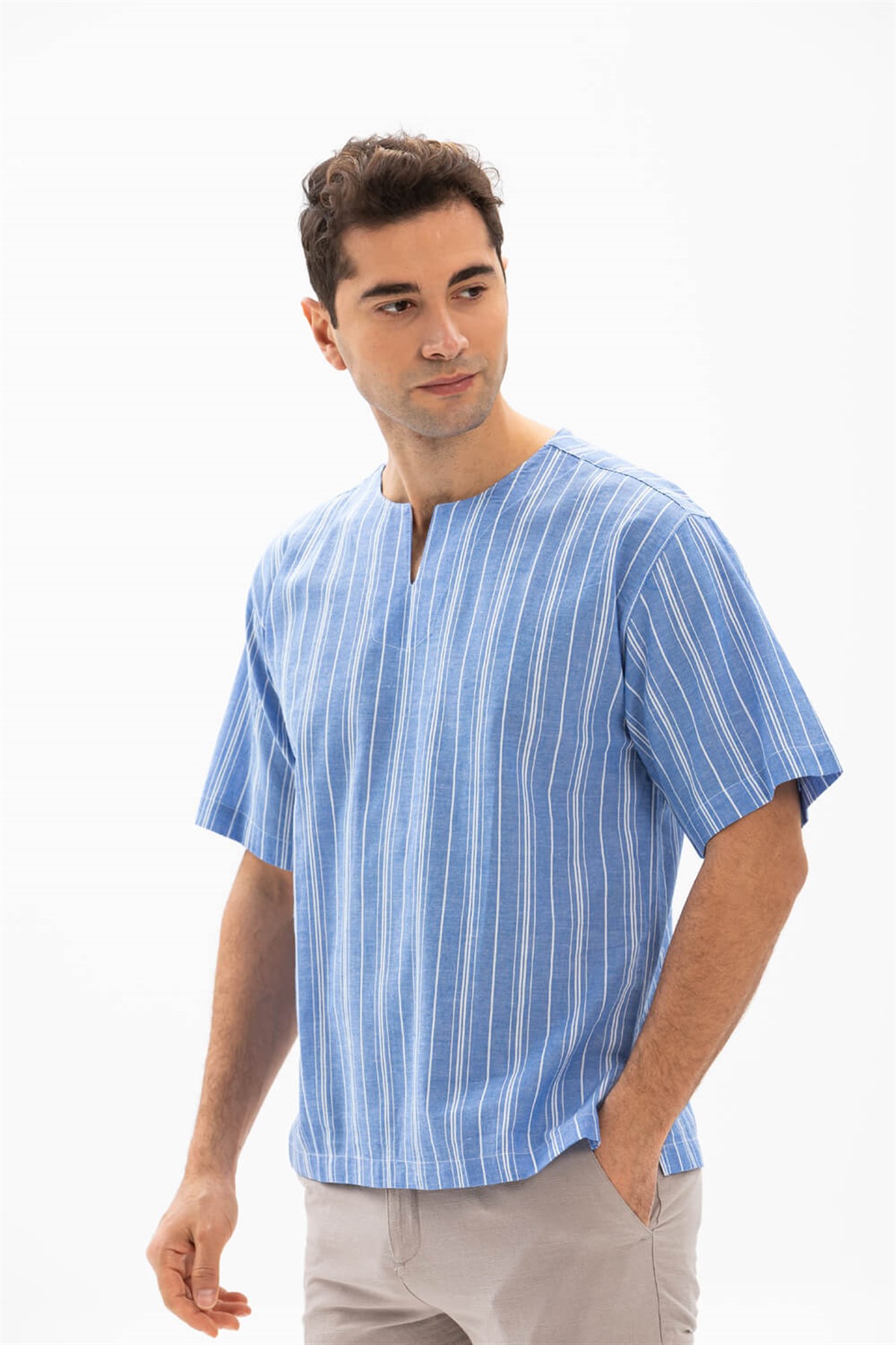 Kısa Kol Şile Bezi Bisiklet Yaka Erkek Tshirt Mavi Beyaz Çizgili