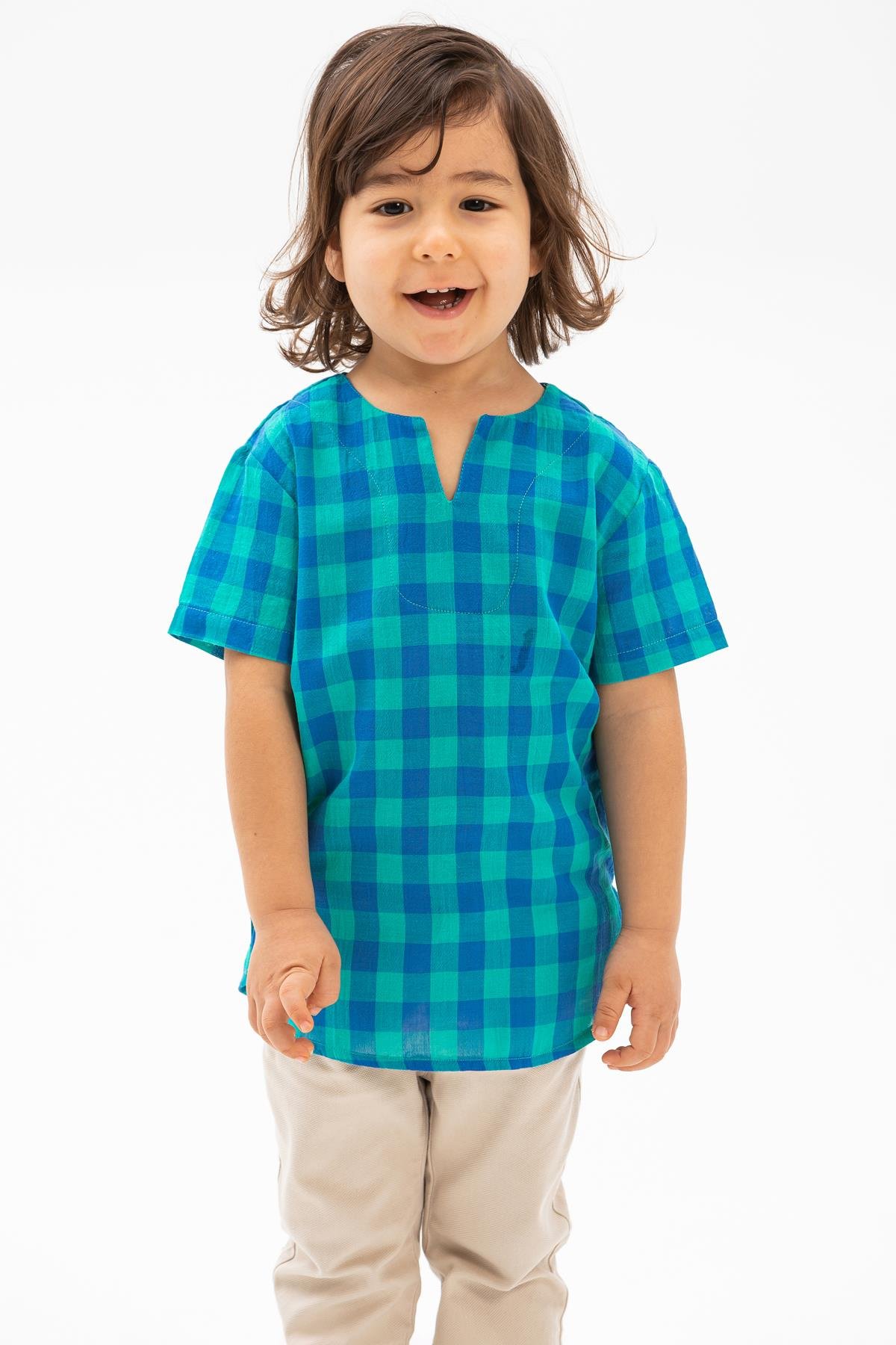 Kısa Kol Şile Bezi Bisiklet Yaka Erkek Çocuk Tshirt Mint Kareli 3033