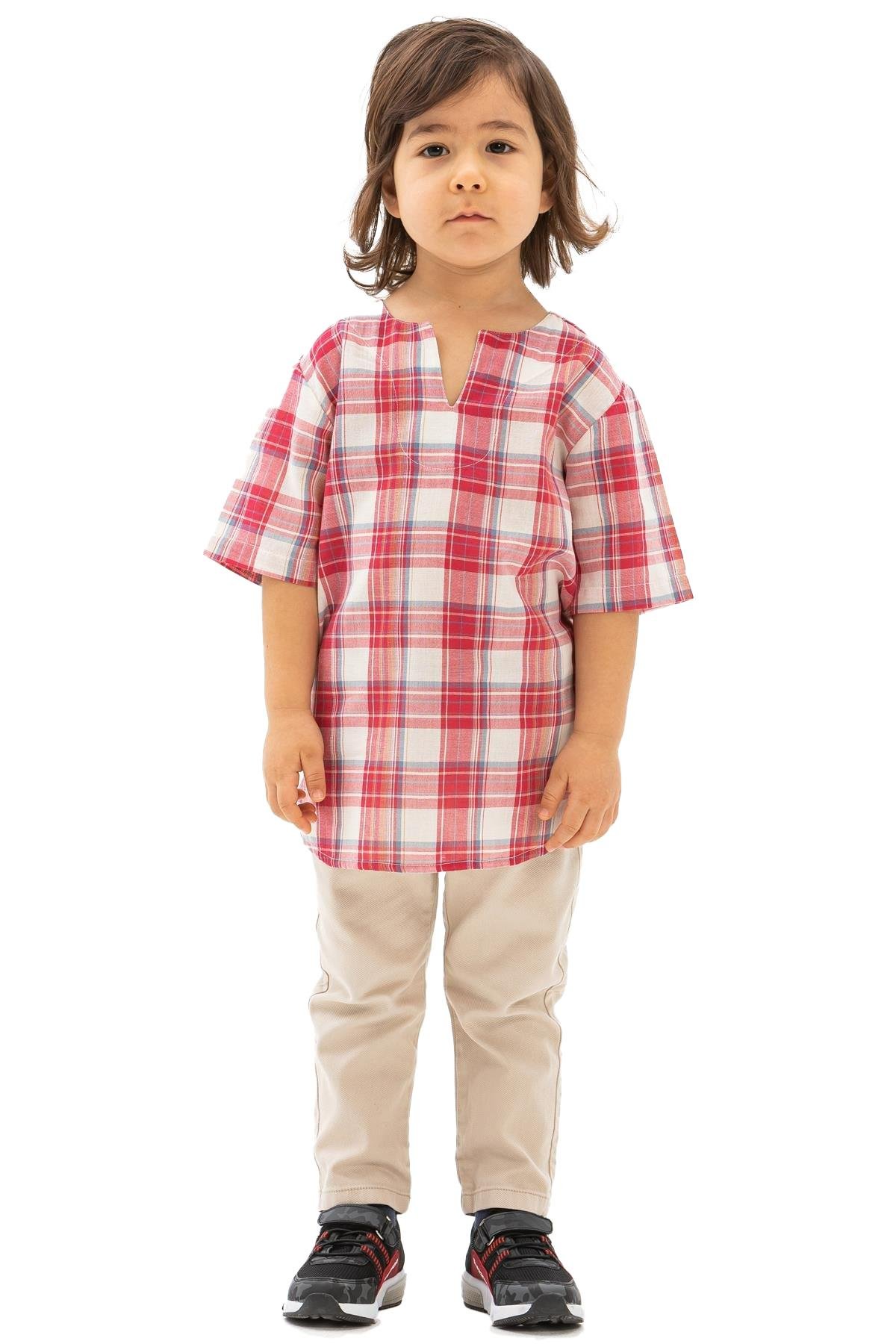 Kısa Kol Şile Bezi Bisiklet Yaka Erkek Çocuk Tshirt Kırmızı Krem Ekose 3038