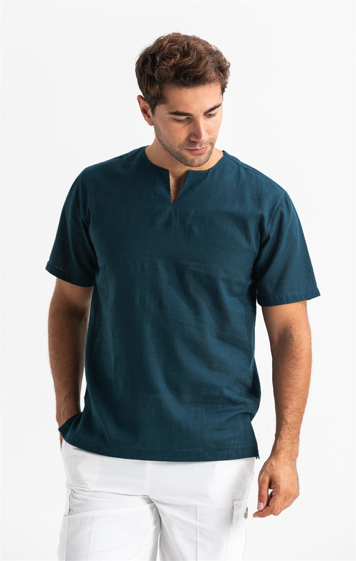 Kısa Kol Şile Bezi Bisiklet Yaka Erkek Tshirt Koyu Petrol 3069