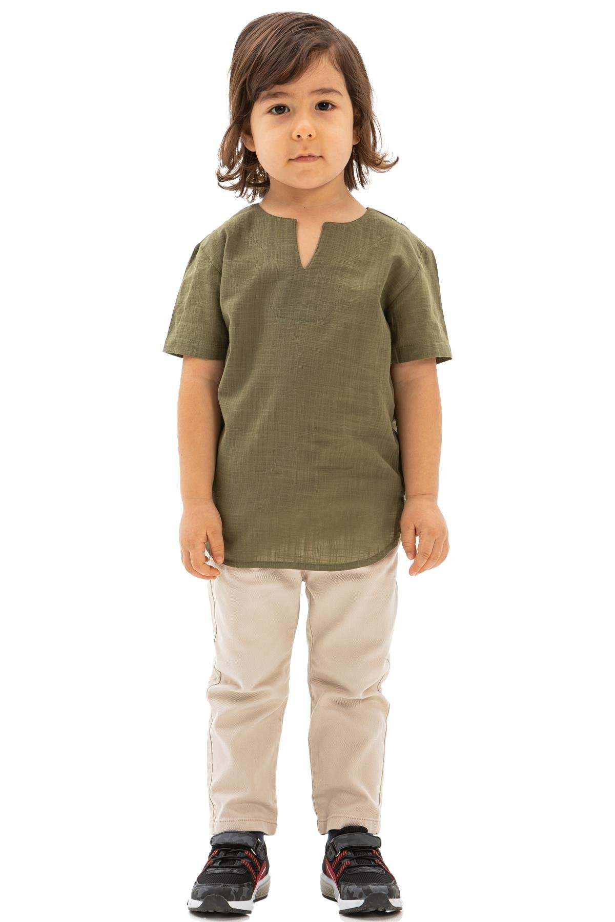 Kısa Kol Şile Bezi Bisiklet Yaka Erkek Çocuk Tshirt Haki 3049